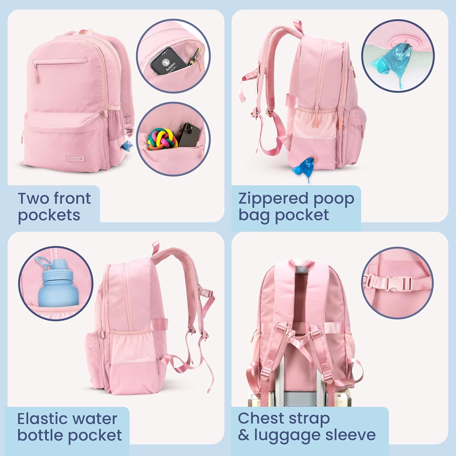 Breaks down the specific physical features and pockets of the backpack from multiple angles to help shoppers understand the product's functional components. Highlights multiple distinct benefits in…