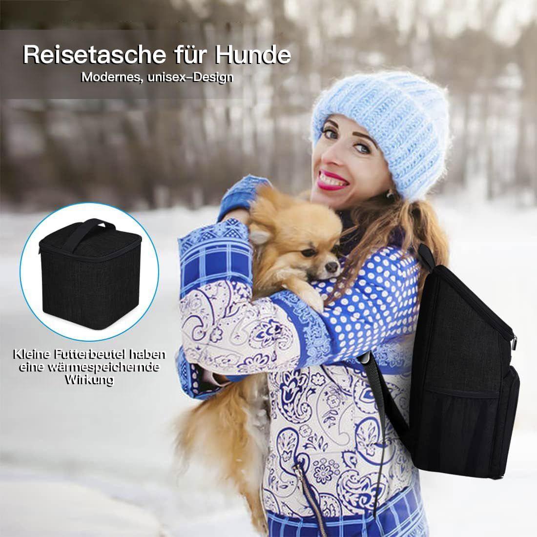 Highlights the insulated storage feature in a lifestyle context to communicate the practical benefit of keeping pet food warm during outdoor activities.
