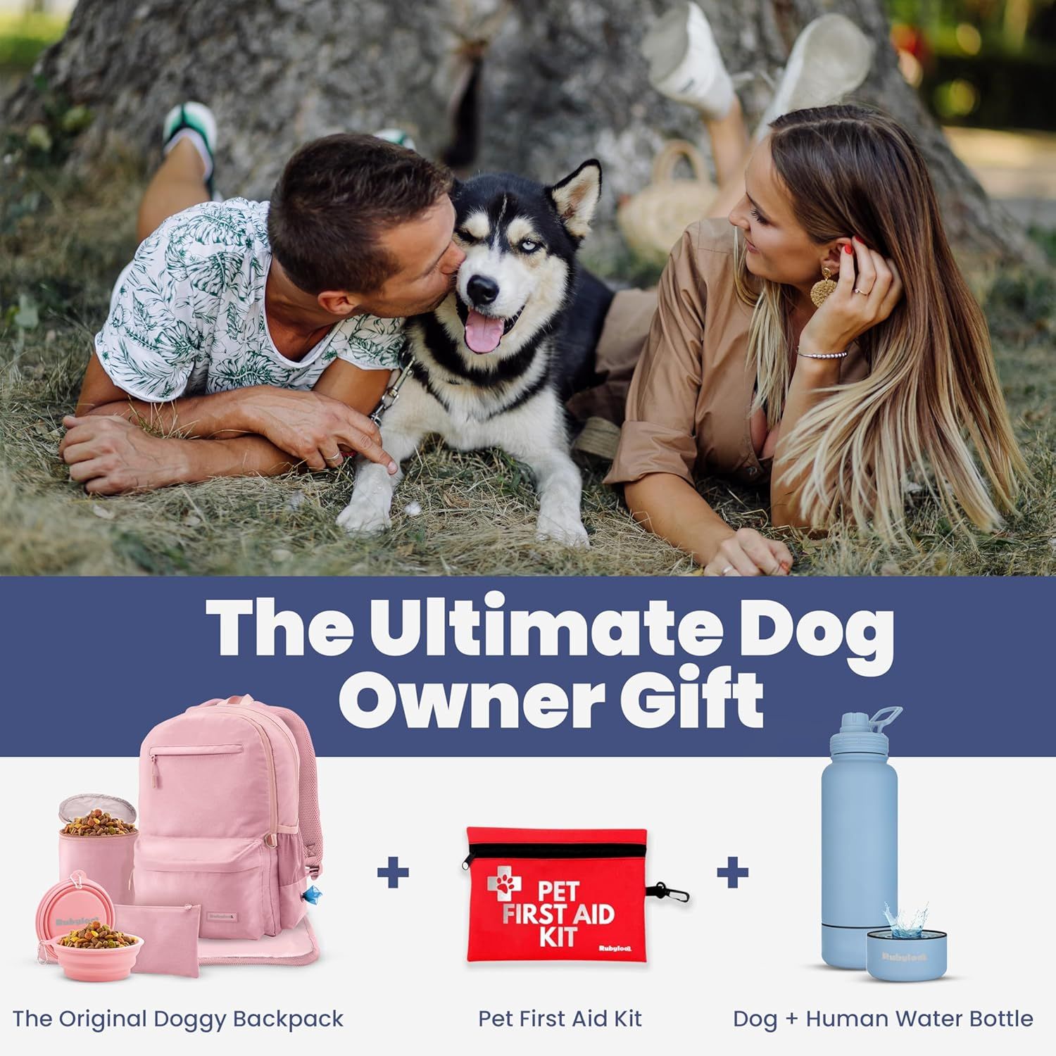 Positions the product as an ideal gift for dog owners by showcasing a complete bundle with lifestyle imagery and gift-focused messaging. Shows the complete gift bundle contents to help shoppers…