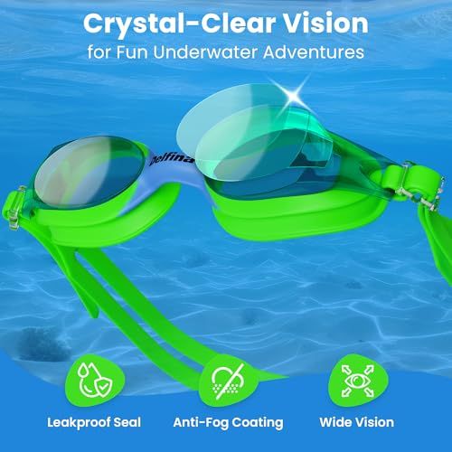 Highlights multiple key benefits of the goggles—clear vision, leak protection, anti-fog technology, and wide field of view—to reassure shoppers of comprehensive performance for underwater use.