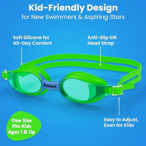 Breaks down the physical components and design features of the goggles—soft silicone material, anti-slip strap, adjustable fit—to show parents how the product is built for comfort and ease of use…