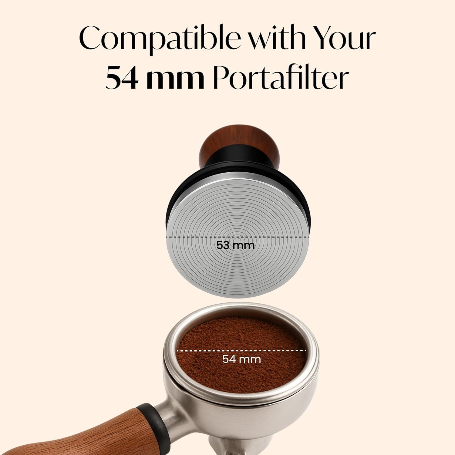 Shows compatibility with 54mm portafilters to reassure shoppers the tamper will fit their espresso equipment.