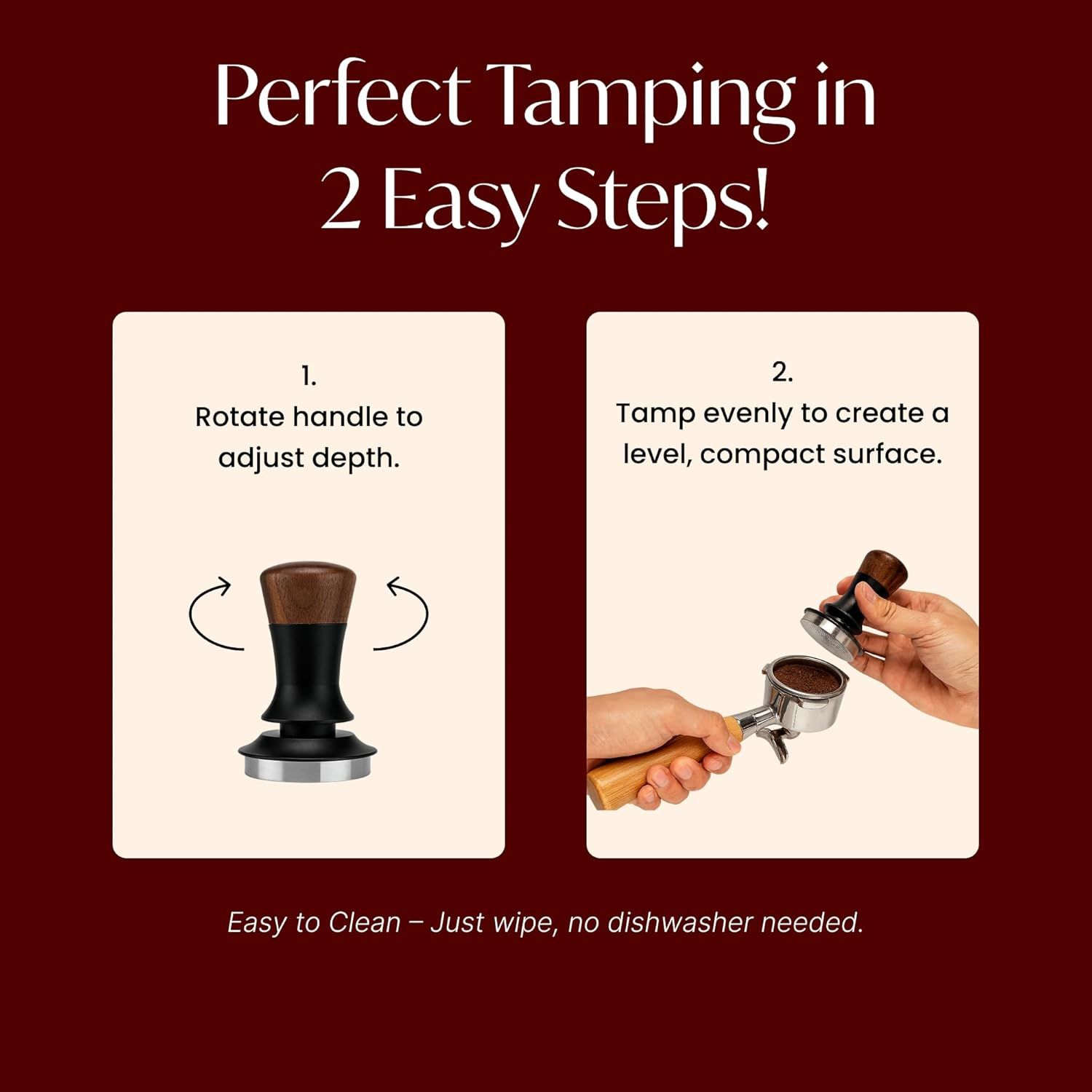 Demonstrates the simple two-step usage process and easy cleaning to reassure shoppers the product is user-friendly. Highlights multiple benefits in a segmented layout showing ease of use and…