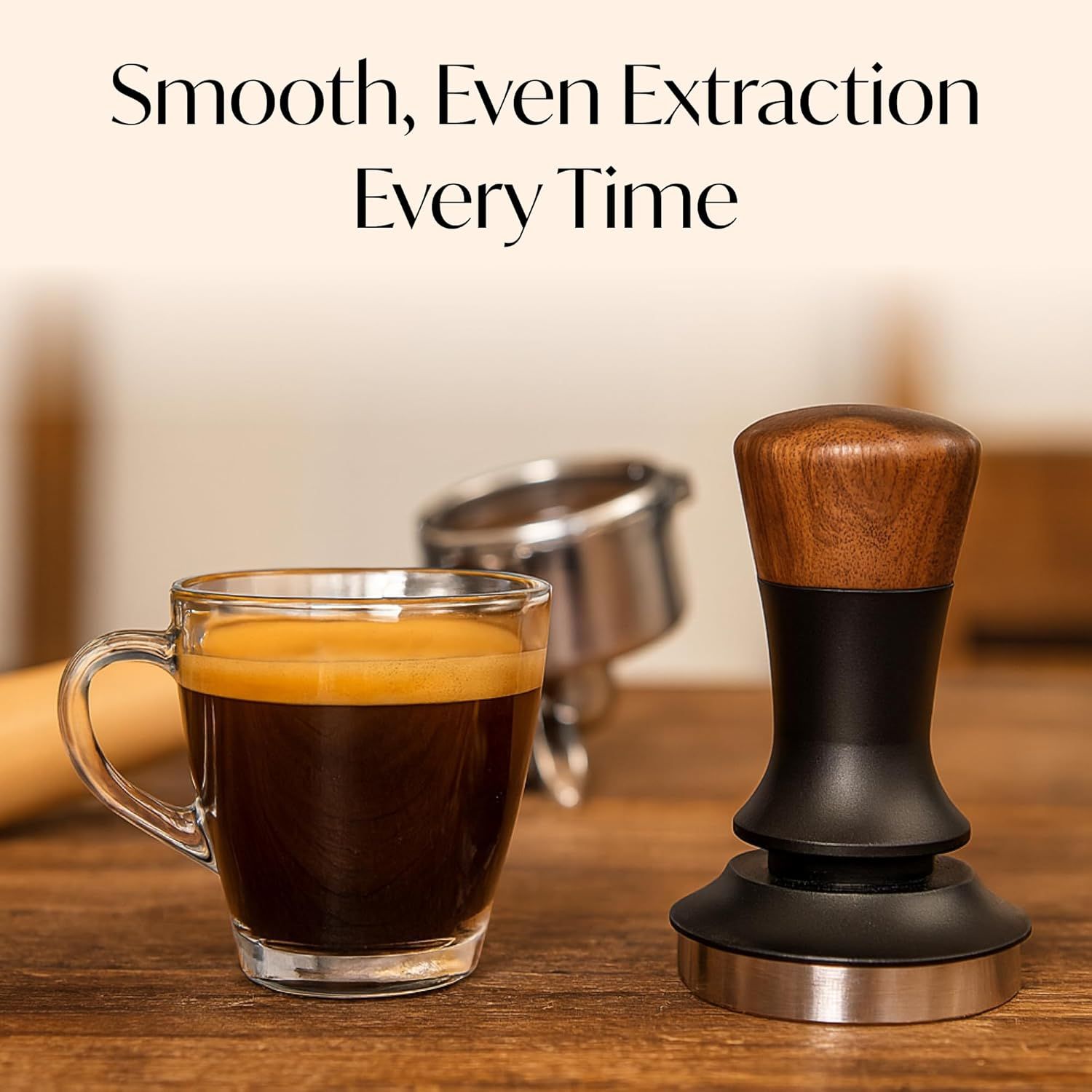 Communicates the key benefit of consistent, quality espresso extraction in a lifestyle setting with minimal text overlay.