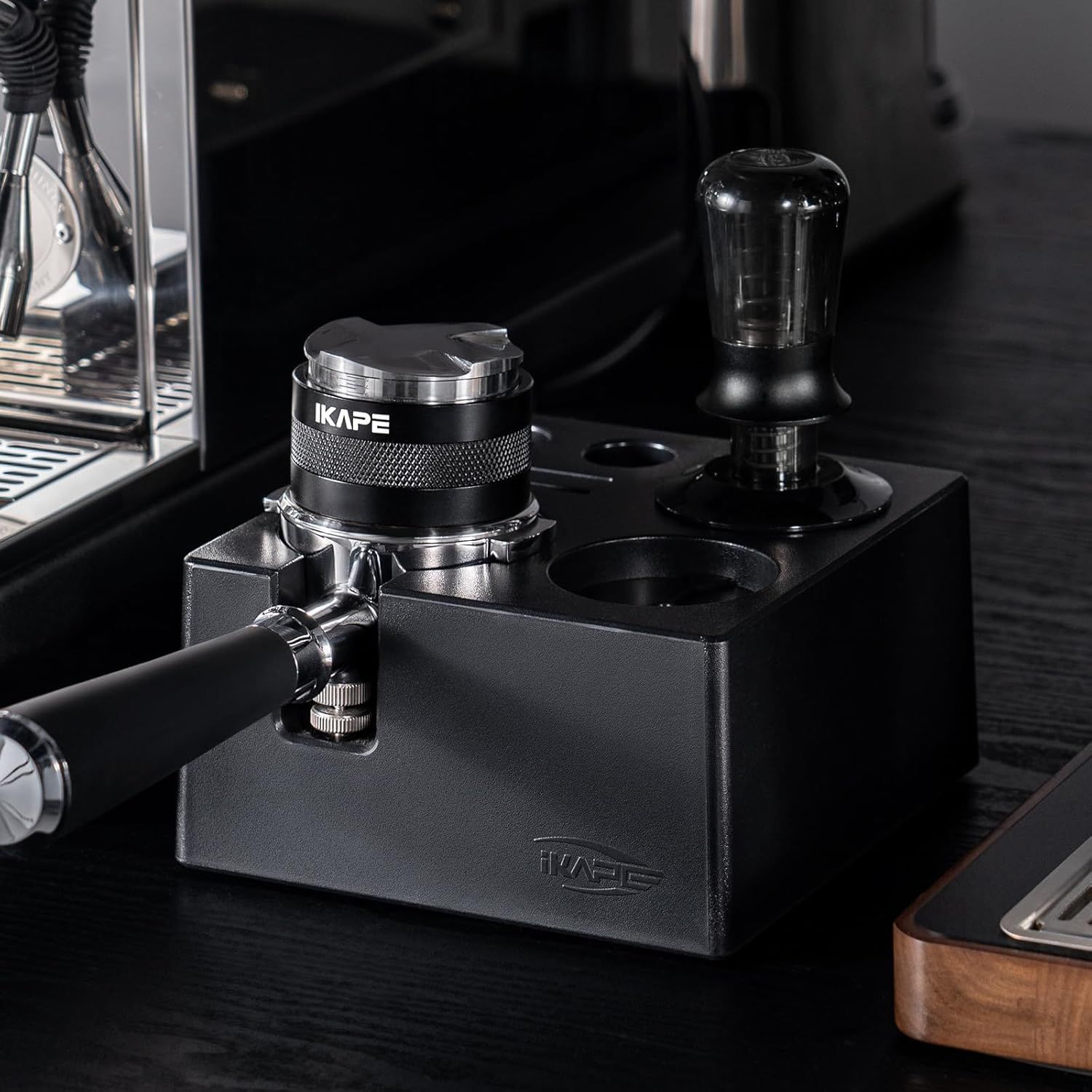 Shows the product in a real-world espresso bar context to help shoppers visualize how it fits into their coffee-making environment.