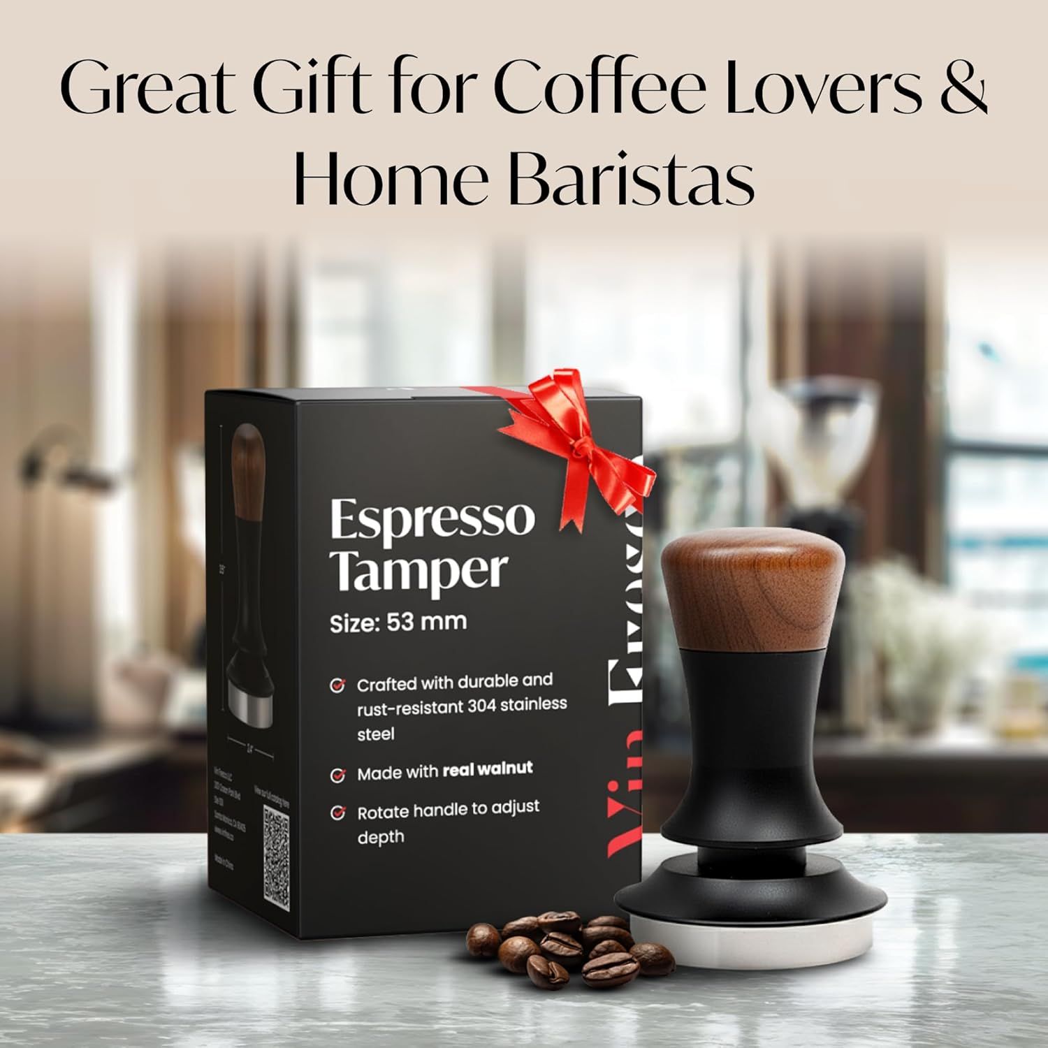 Positions the product as an ideal gift with red bow and gift messaging to drive gifting occasions and purchases. Communicates the product as a thoughtful, quality gift option for coffee enthusiasts.