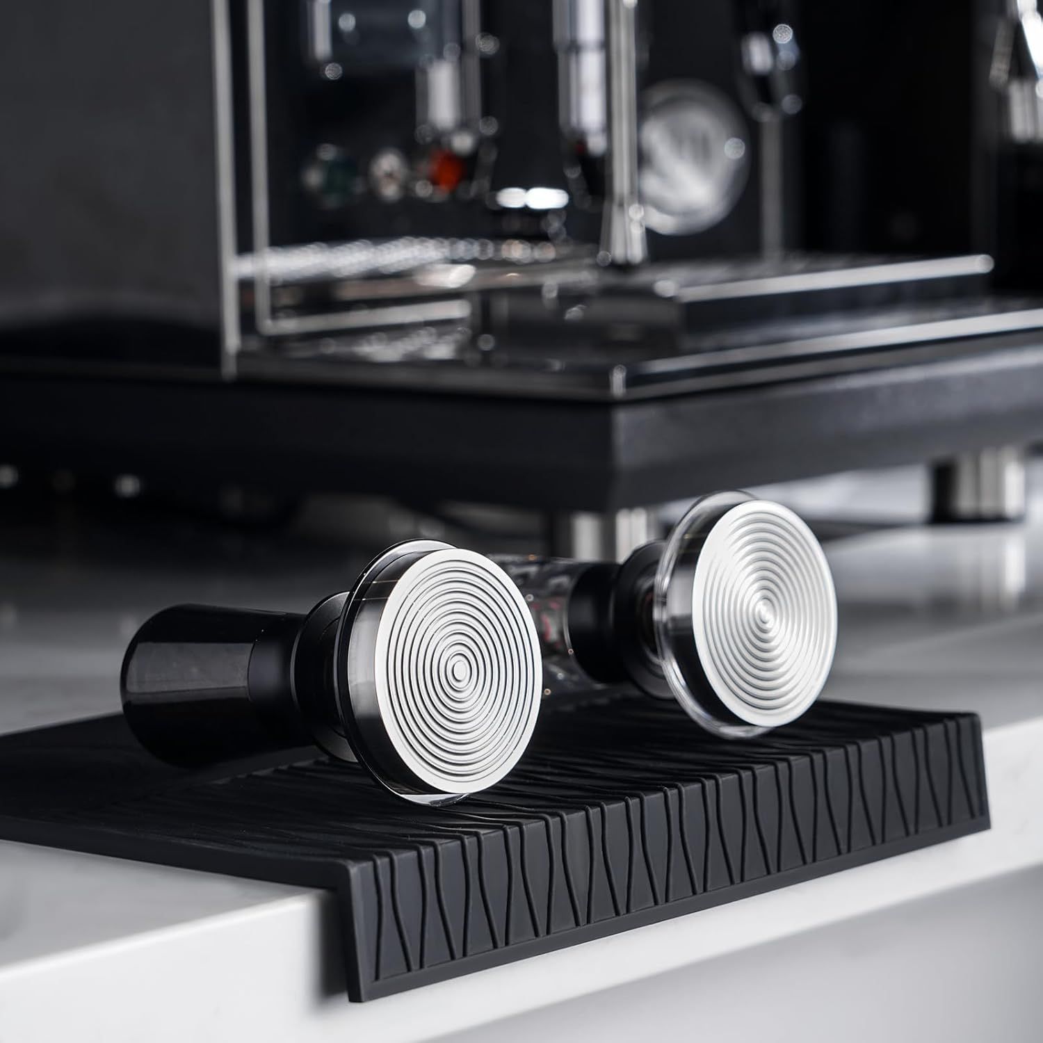 Shows the product displayed in a real-world coffee bar environment to help shoppers visualize ownership and storage.