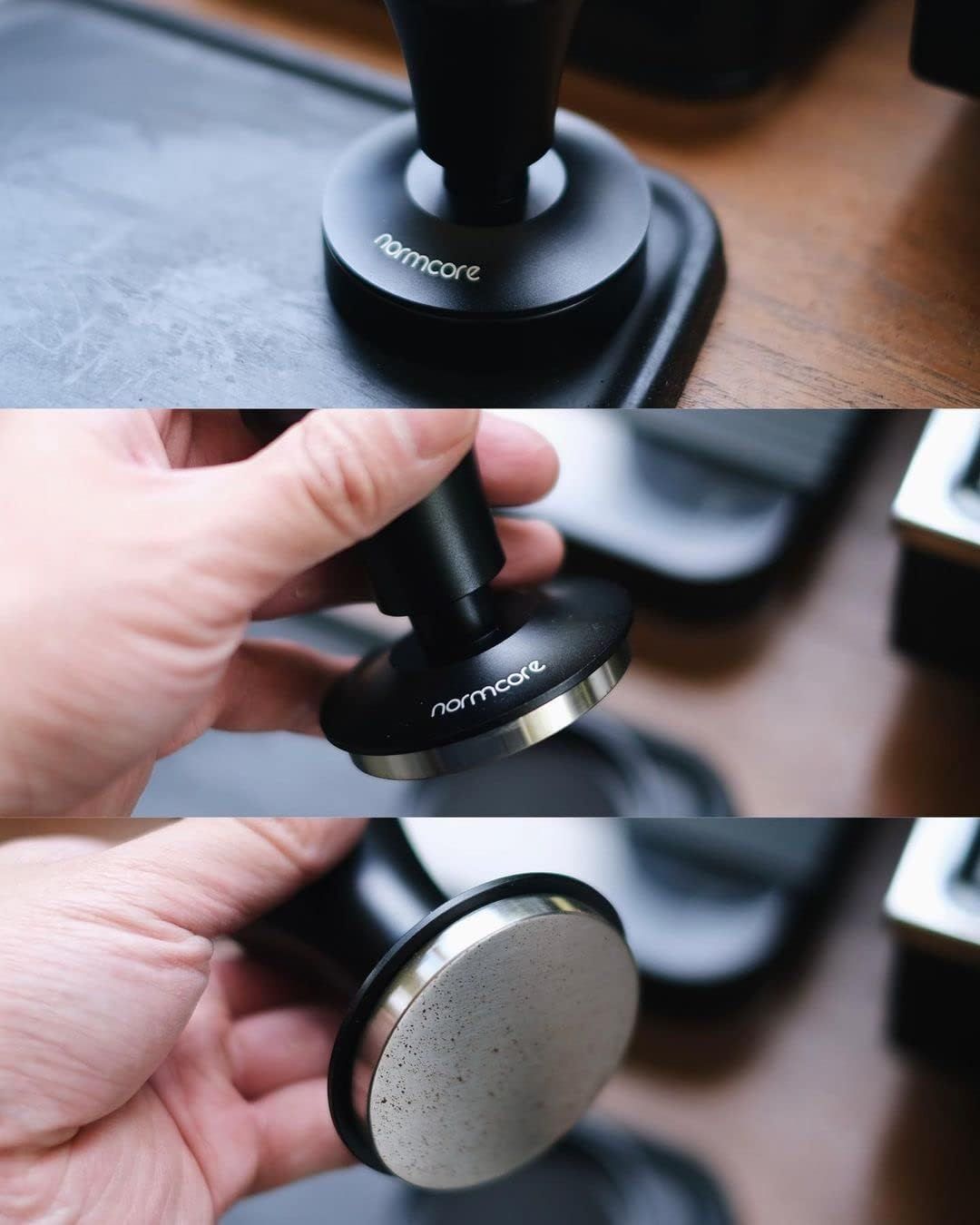 Demonstrates the step-by-step process of using and assembling the coffee tamper through a sequential three-panel layout.