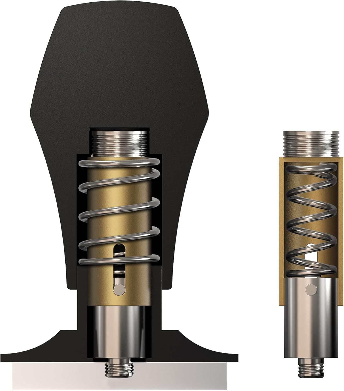 Reveals the internal spring-loaded mechanism and structural components of the tamper to demonstrate how the product works internally.