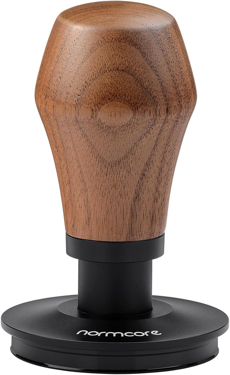 Displays the coffee tamper from a front view on its base to show the complete product assembly and proportions.