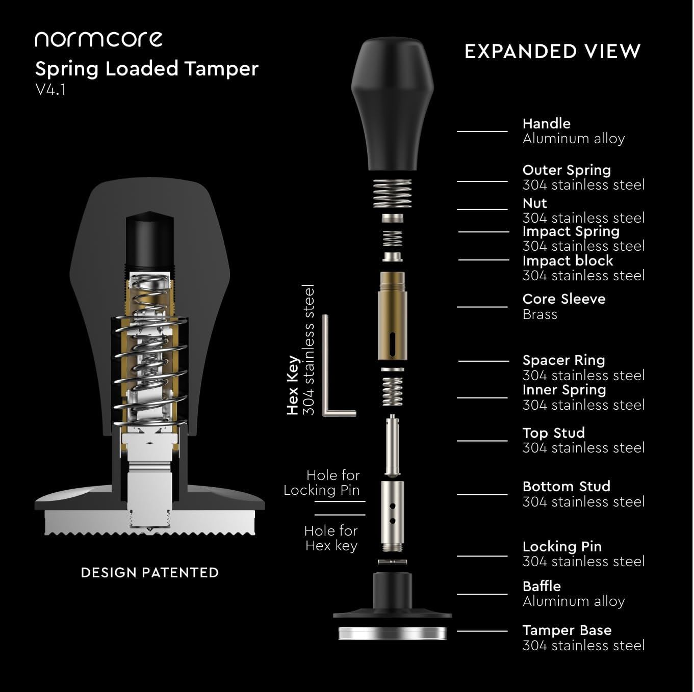 Breaks down the internal structure and materials of the spring-loaded tamper to educate shoppers on the quality construction and engineering of each component.