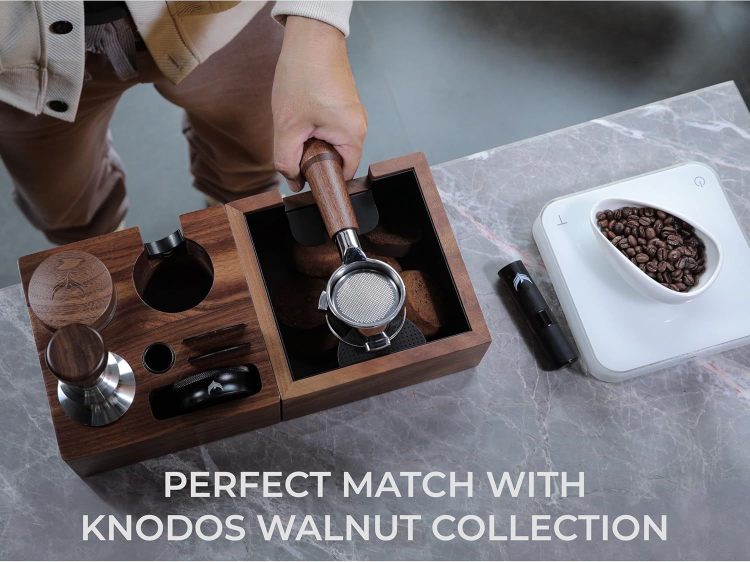 Demonstrates that the tamper is part of a coordinated Knodos Walnut Collection, reassuring shoppers about aesthetic compatibility and brand ecosystem.