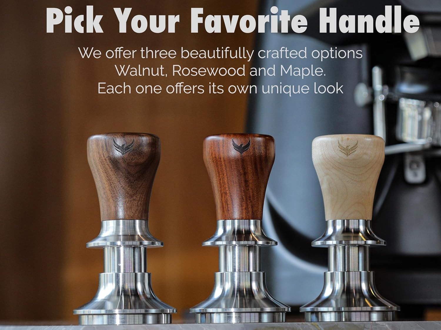 Helps shoppers choose between three different handle wood options by showcasing the product line variants side by side.