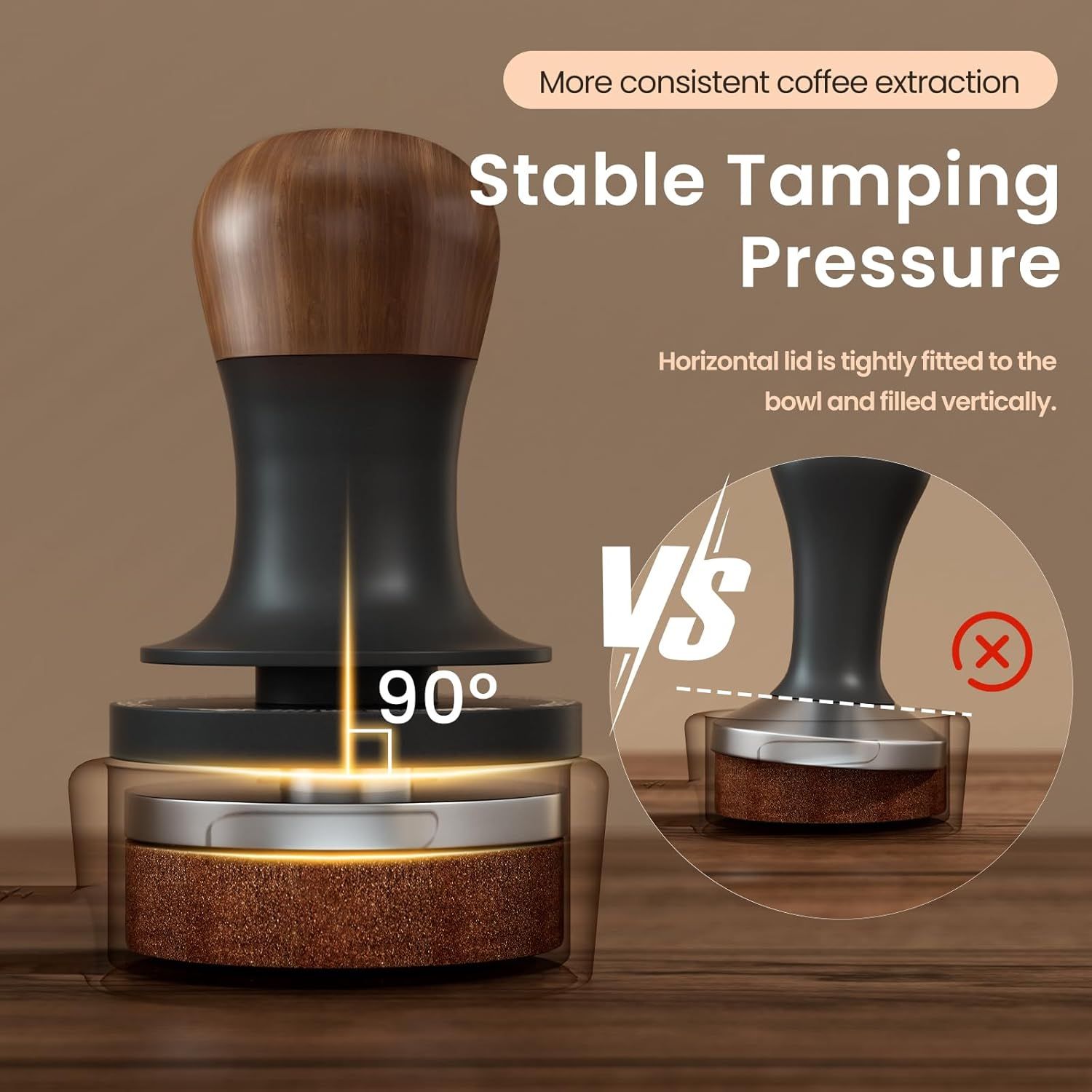 Demonstrates the superiority of the product's 90-degree horizontal tamping design versus an incorrect angled tamping method, showing how it delivers more consistent coffee extraction.