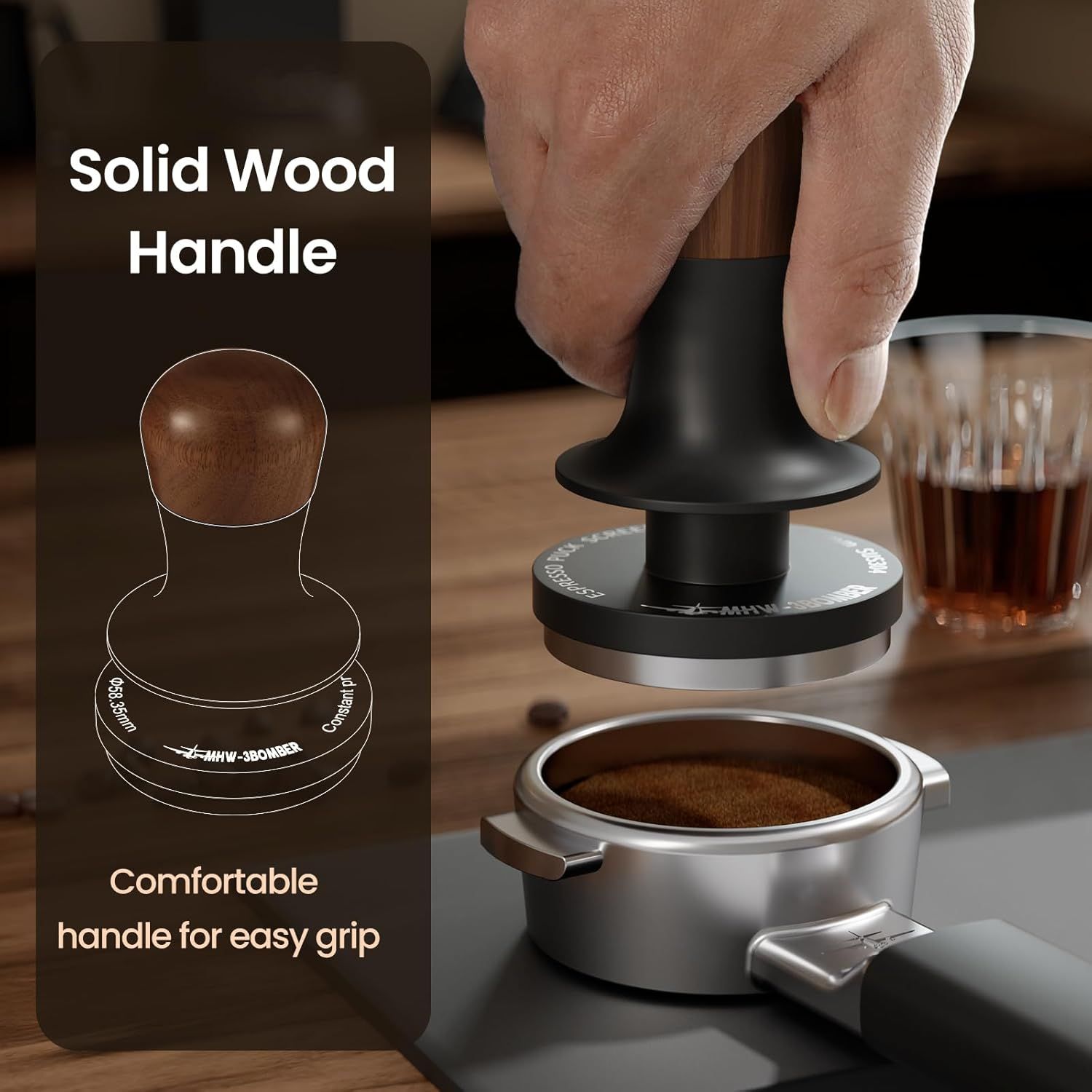 Highlights the solid wood handle design and its ergonomic benefit, reassuring shoppers that the tamper is comfortable to hold and easy to grip during use.
