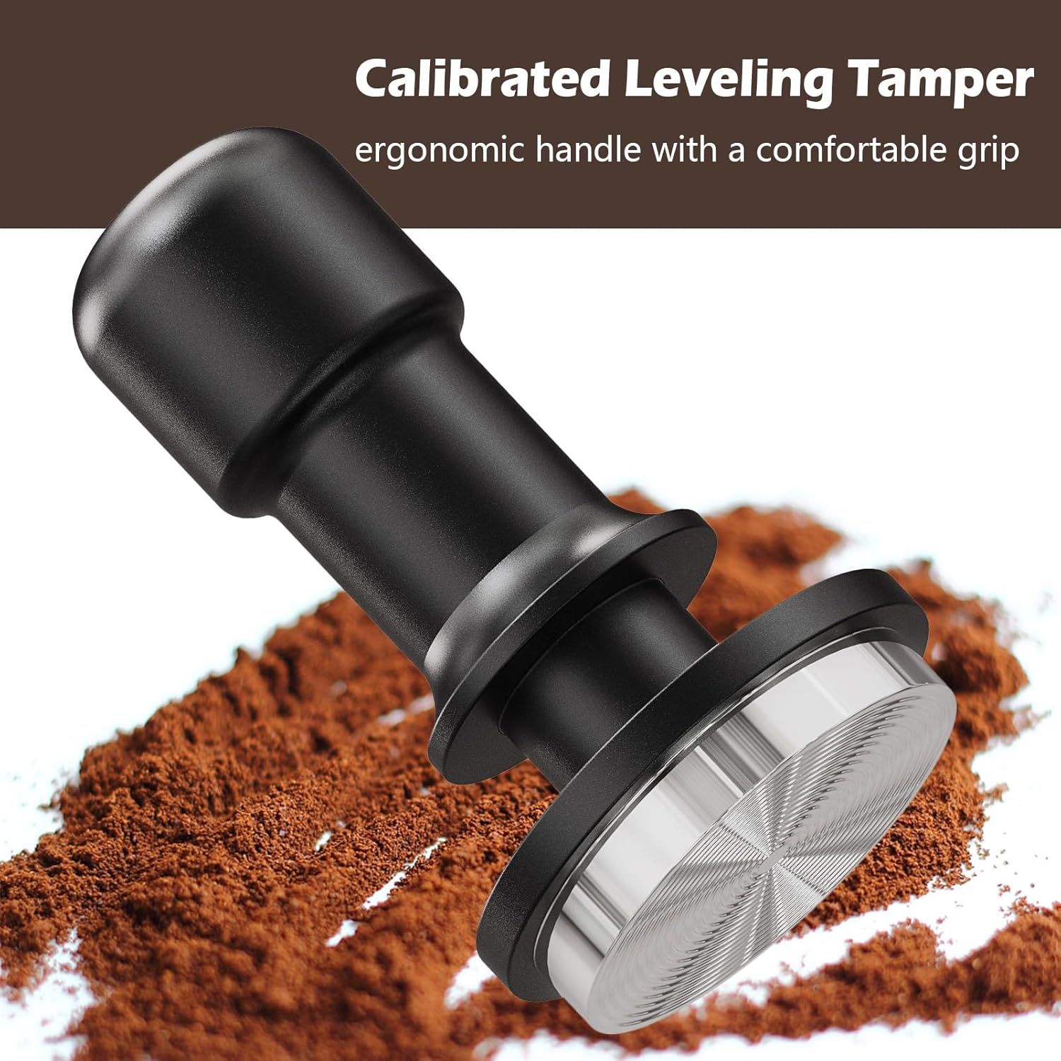 Highlights the tamper's ergonomic design and comfortable grip to reassure shoppers about ease of use and comfort during tamping.