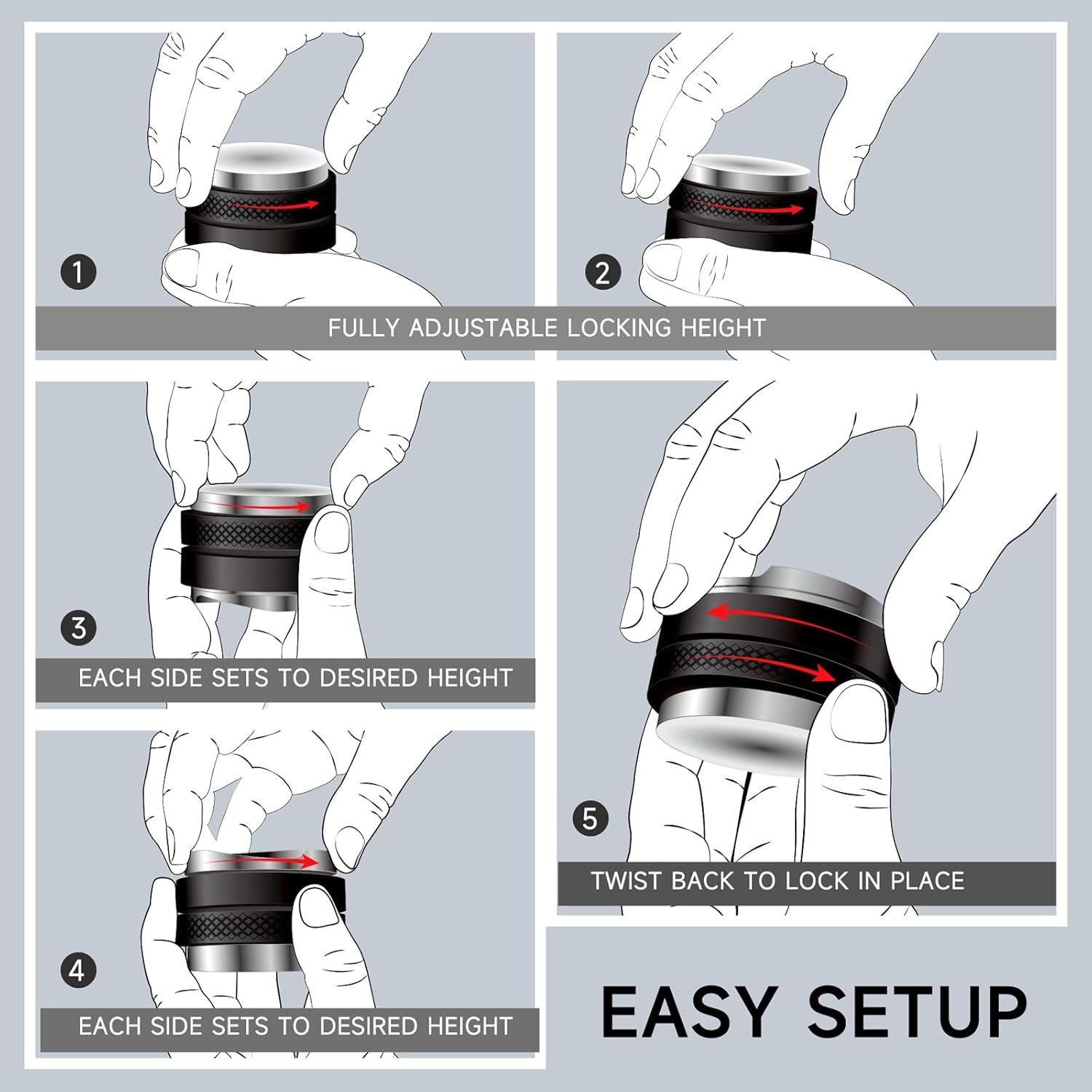 Provides step-by-step instructions on how to adjust and lock the tamper height, demonstrating ease of setup and use.