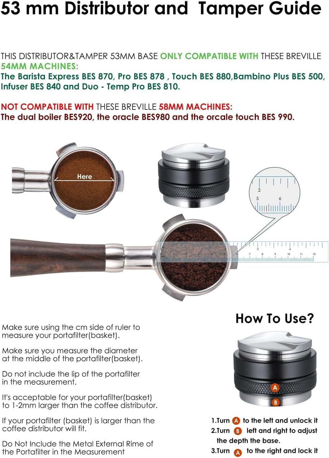 Explains which Breville machines the product is compatible with and provides detailed measurement and usage guidance to ensure proper fit. Teaches buyers how to measure their portafilter and adjust…