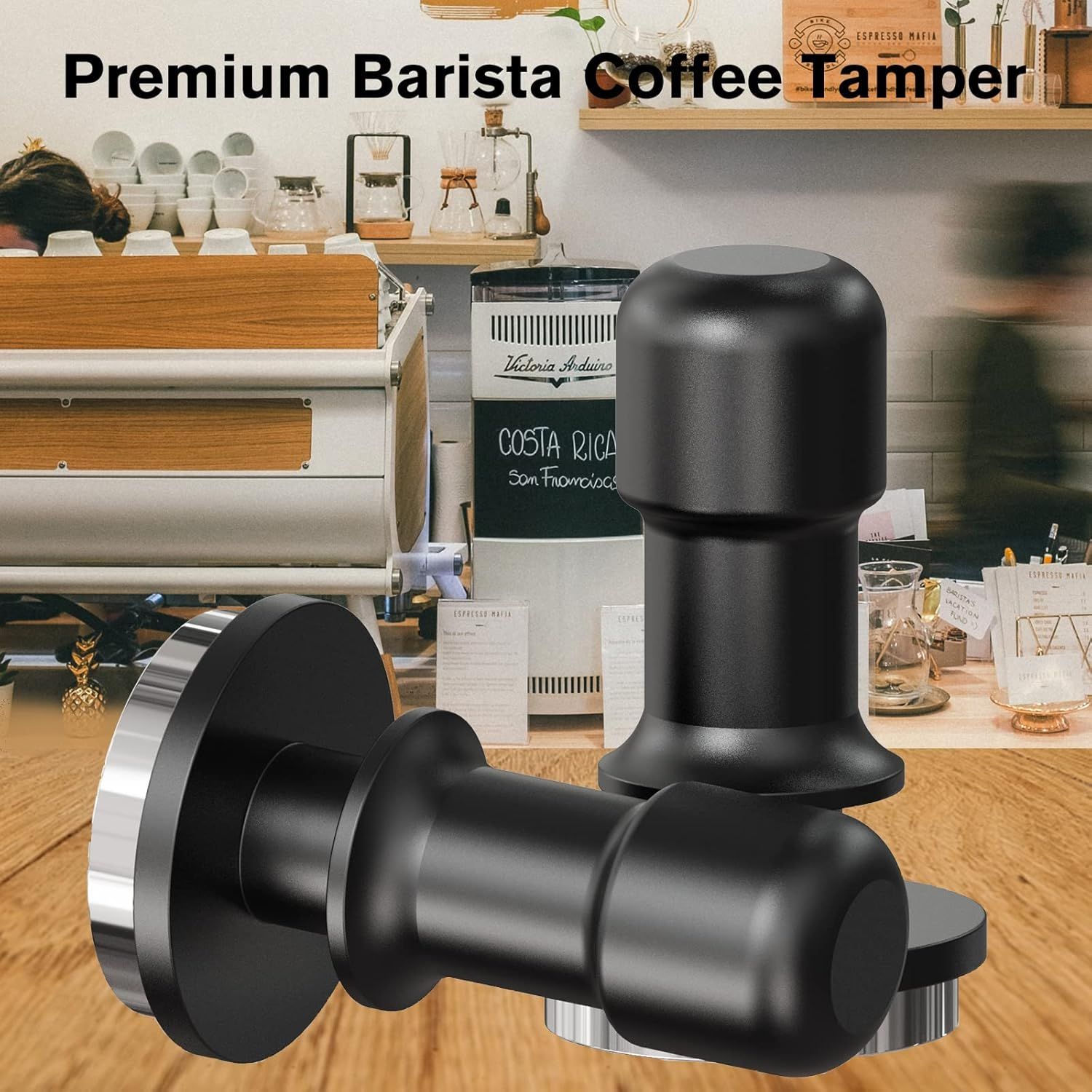 Shows the tamper in a professional coffee shop environment to position it as a premium barista-quality tool.
