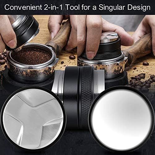 Highlights the product's versatility as a convenient 2-in-1 tool with both distributor and tamper functions in one design.