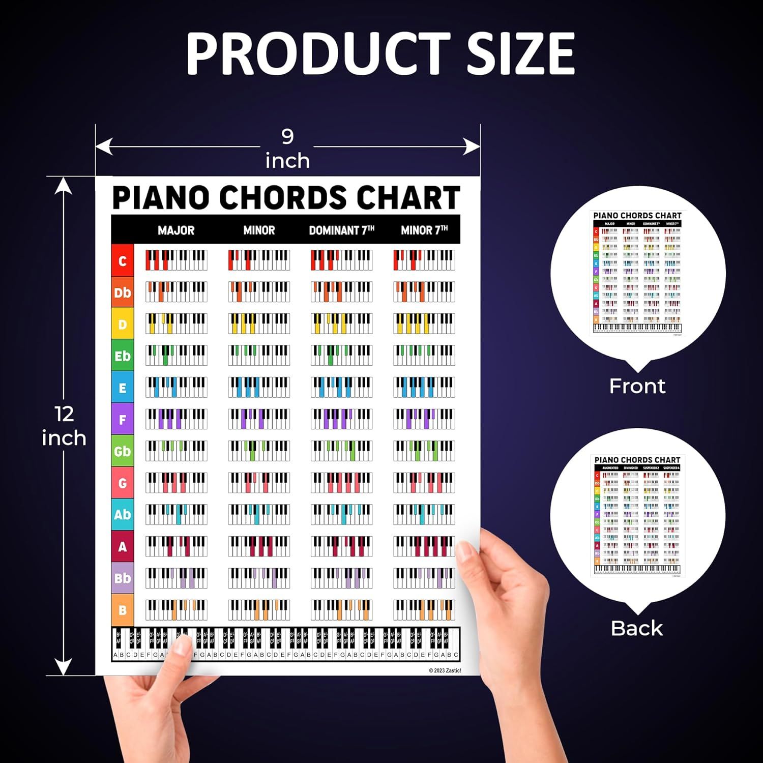 Shows the exact physical size of the piano chords chart with dimension arrows to help shoppers understand how large the product is and whether it fits their space needs.