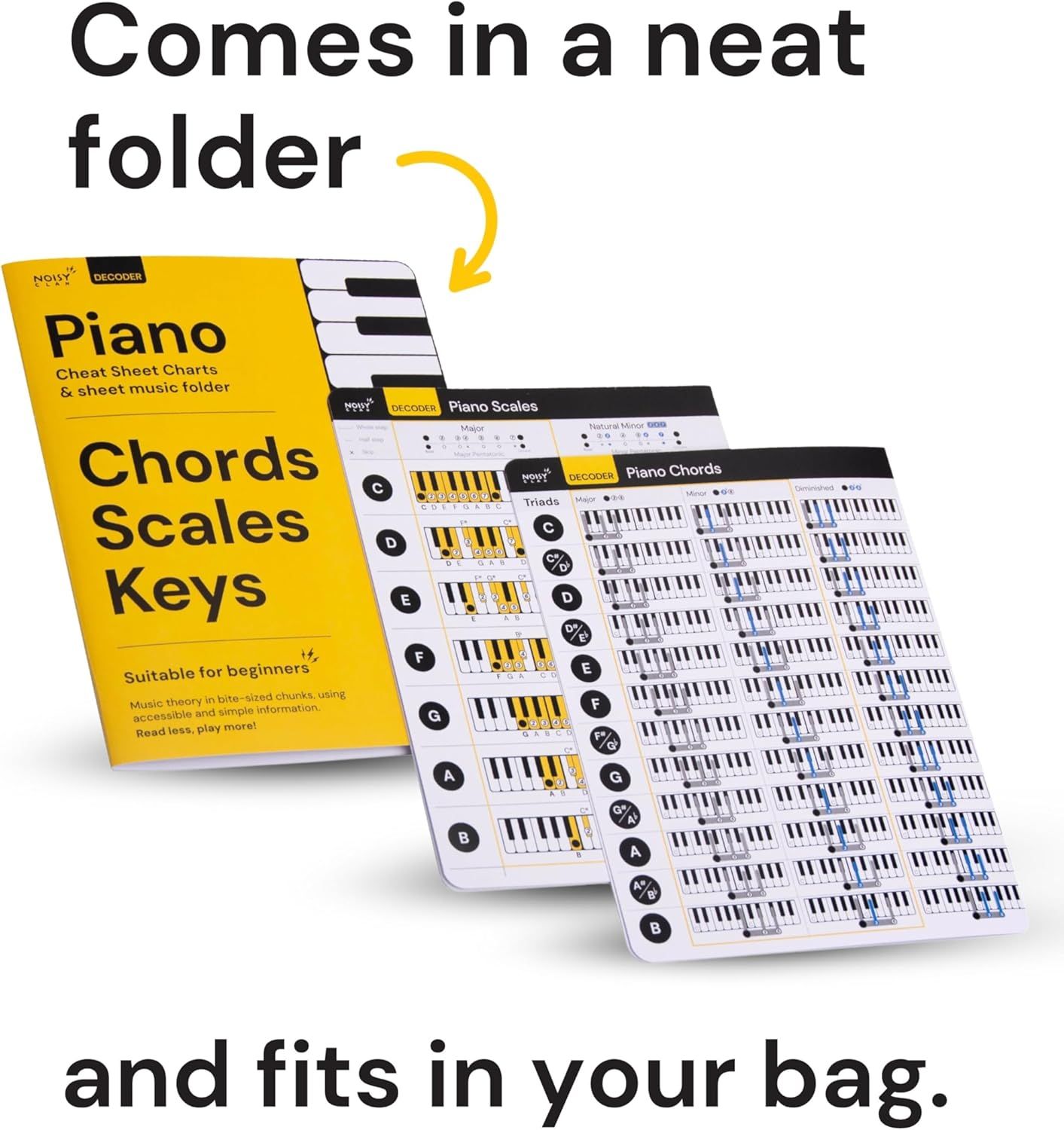 Highlights that the product comes in a neat folder and fits in your bag, emphasizing portability and convenience for musicians on the go.