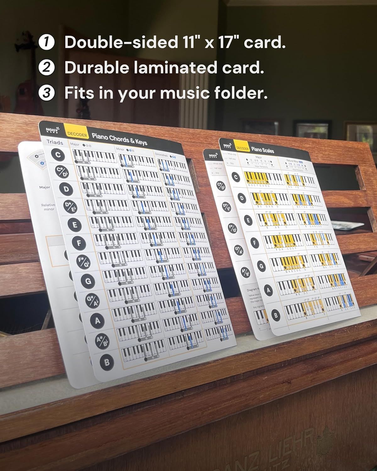 Showcases three distinct product benefits in a numbered list format: the card size, durability through lamination, and compatibility with music folders.