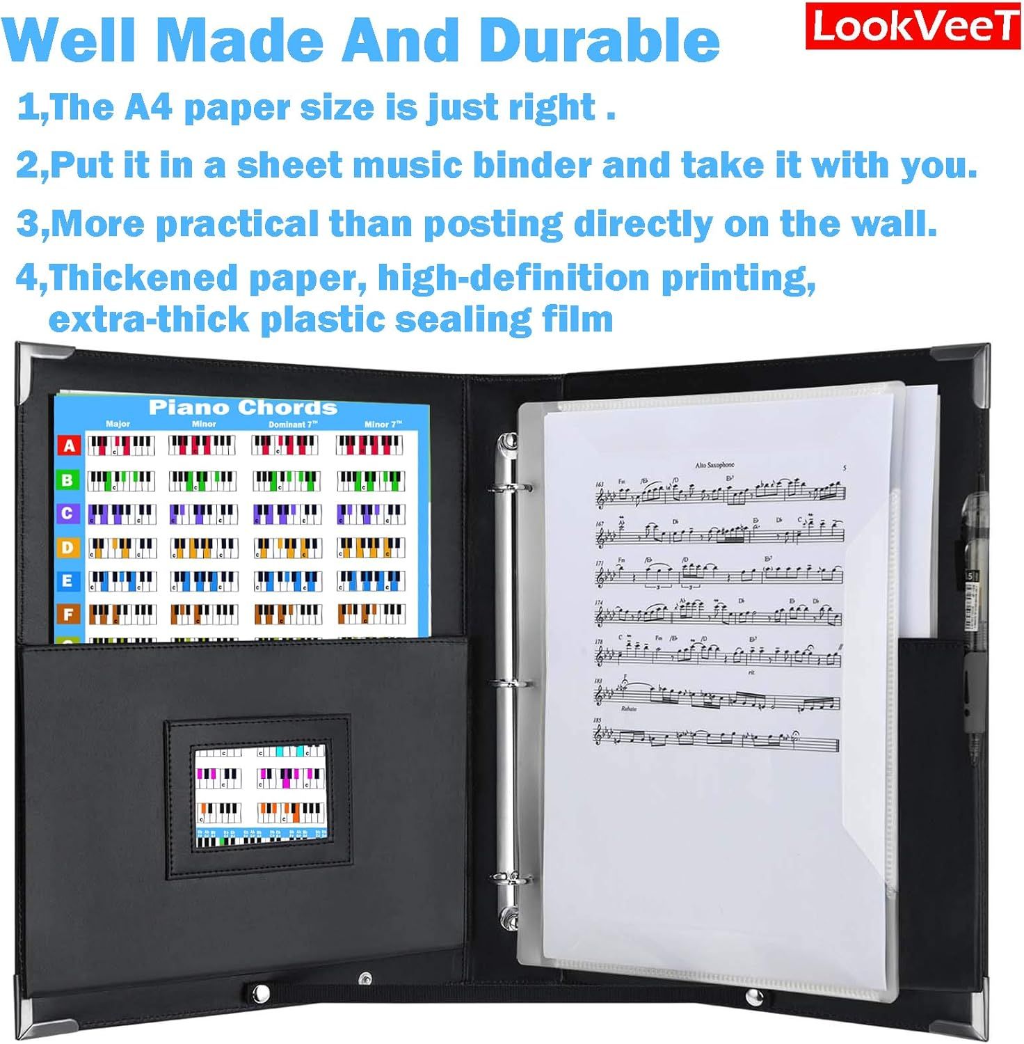 Demonstrates multiple practical benefits including the right-sized format, portability in a music binder, convenient storage solution, and durable construction with thickened paper and plastic…