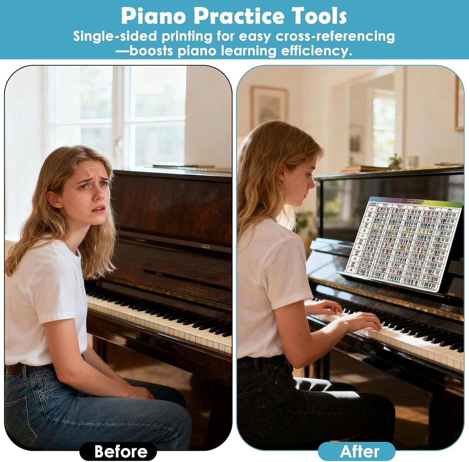 Demonstrates the transformation from confusion to confident piano playing with the help of the learning cards, proving the product's effectiveness as a learning aid.