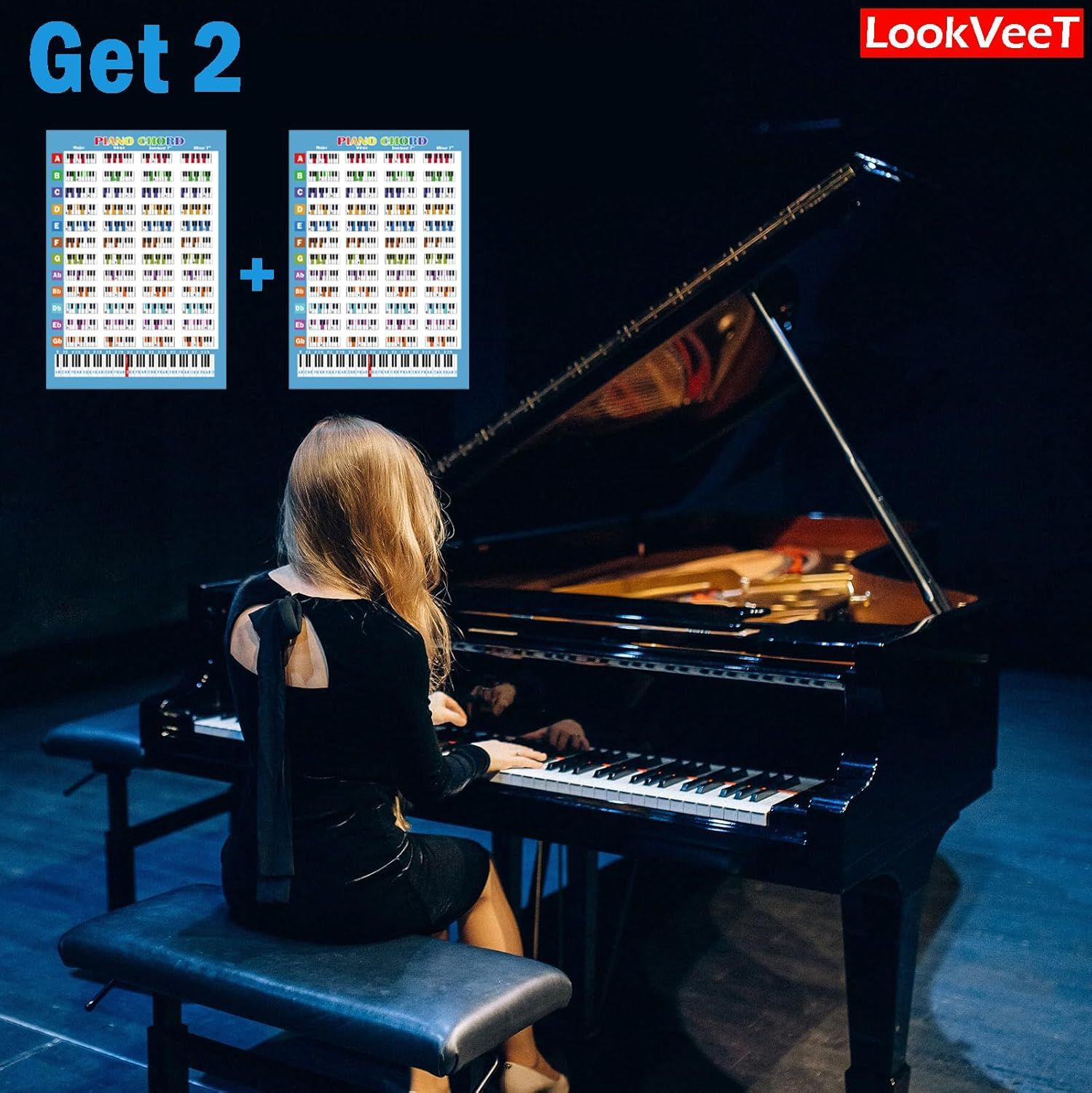 Shows that the purchase includes two piano chord charts to communicate the bundle value and quantity the customer receives.