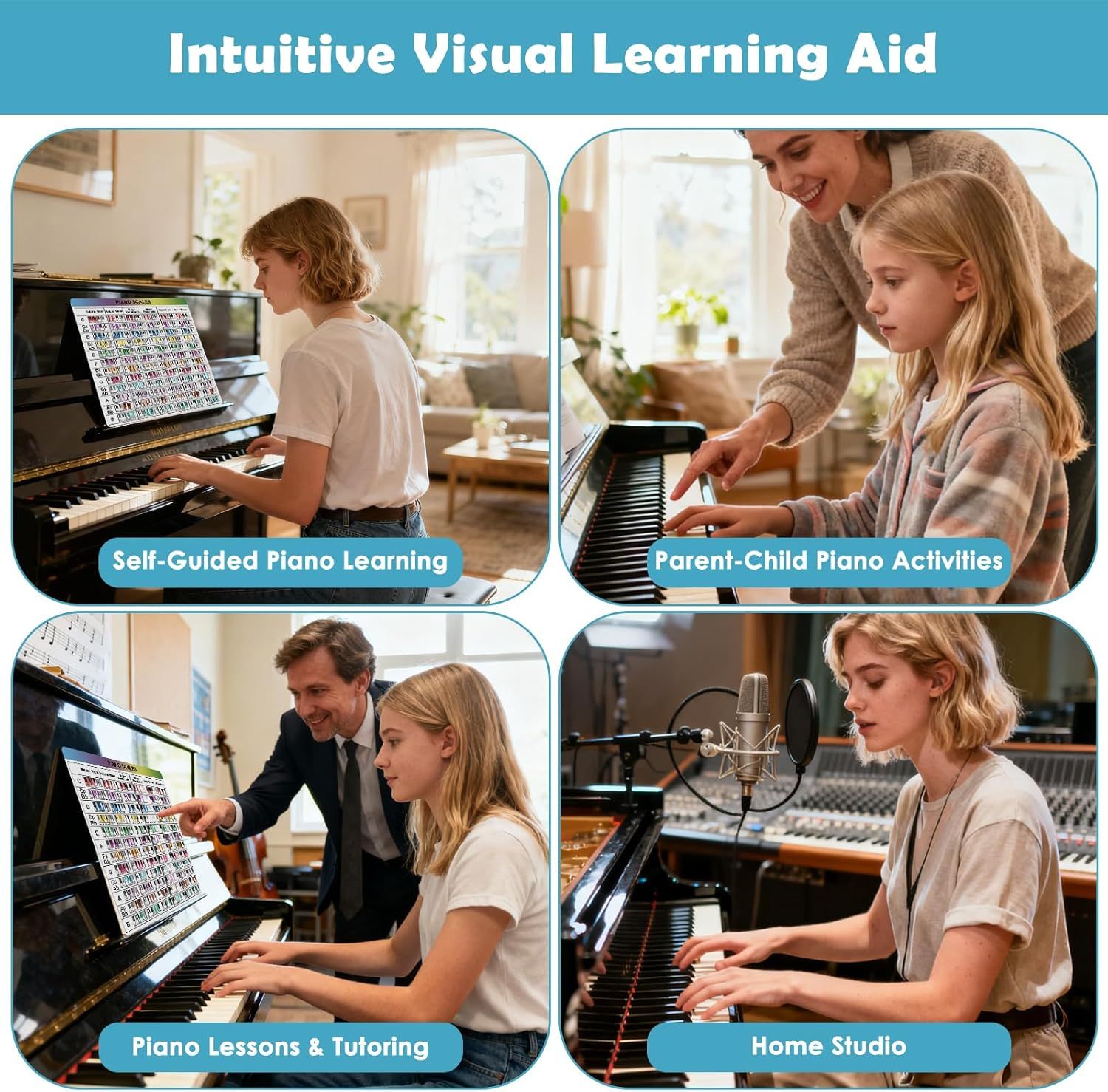 Demonstrates the versatility of the piano learning cards across multiple learning scenarios including self-guided learning, parent-child activities, piano lessons with tutors, and home studio…