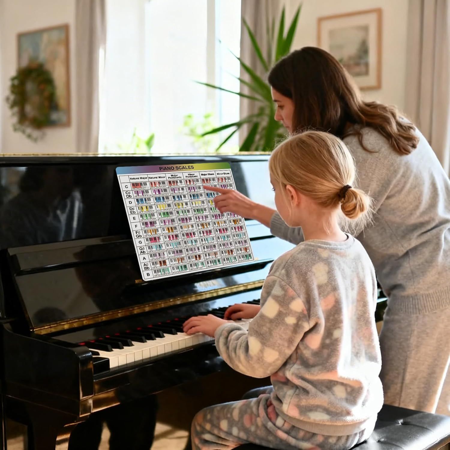 Shows the product in use within a real-world home setting during a parent-child piano lesson, creating an emotional connection with shoppers.