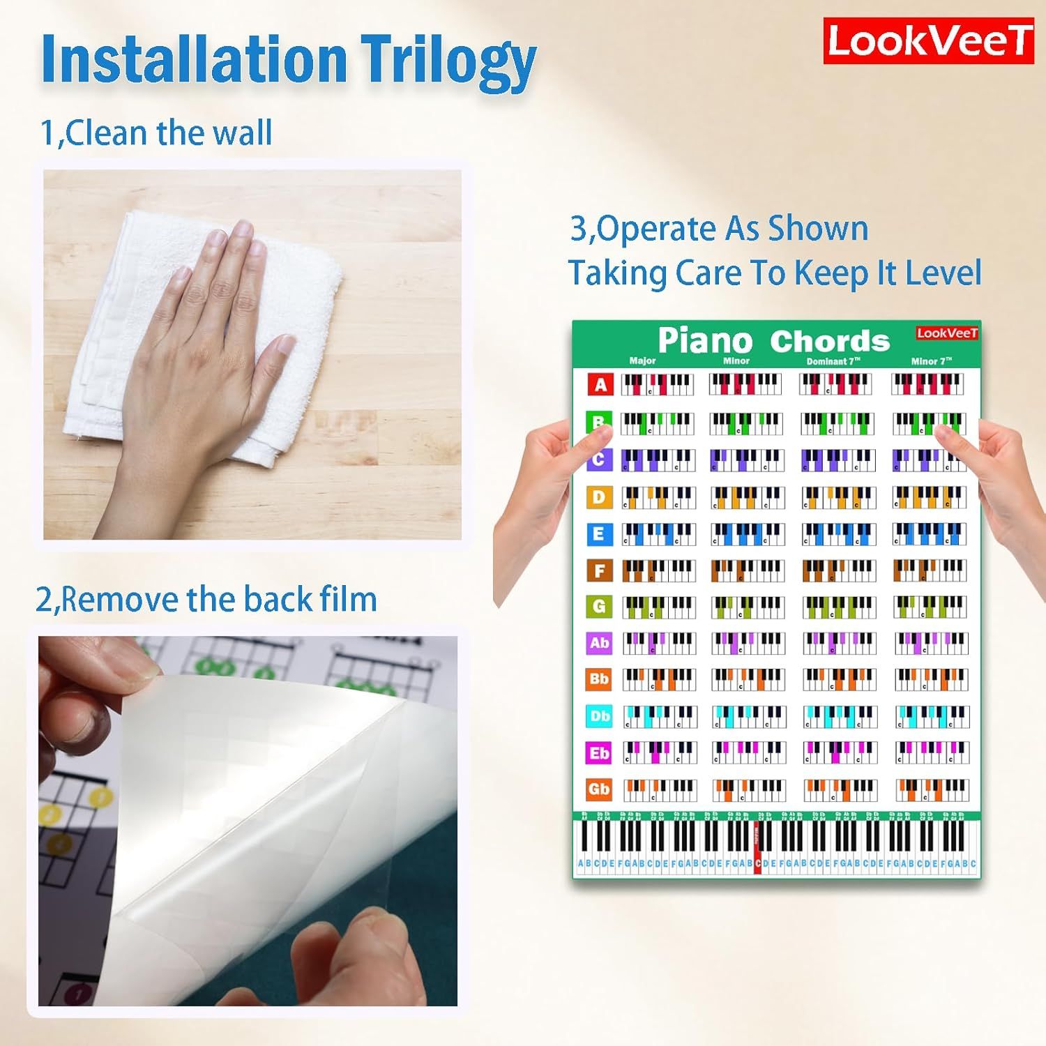Provides step-by-step installation instructions for the piano chord poster: clean the wall, remove the backing film, and operate as shown while keeping it level.