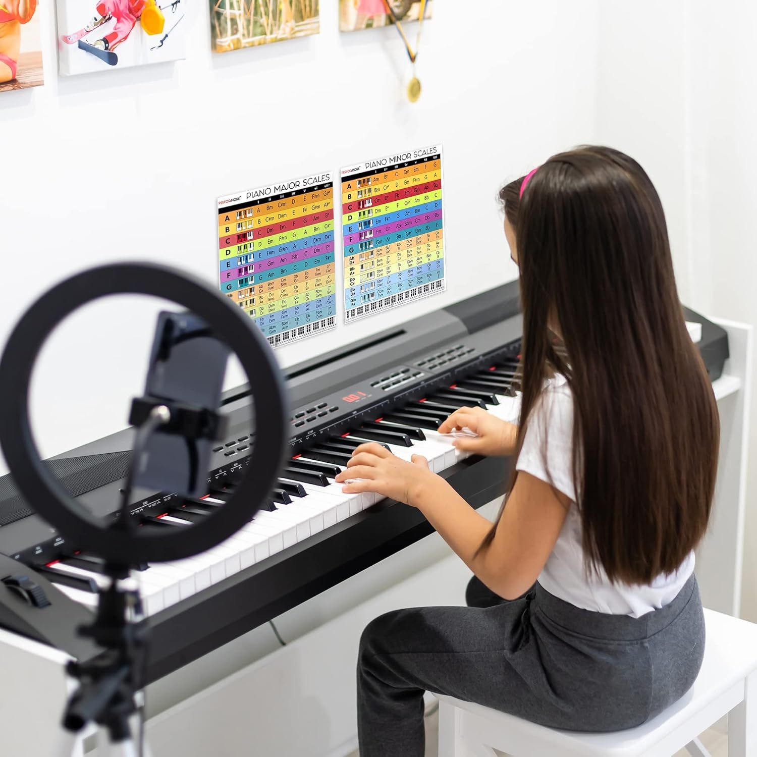 Shows the product being used in a real-world piano learning environment to help shoppers visualize how the chart fits into their practice space.