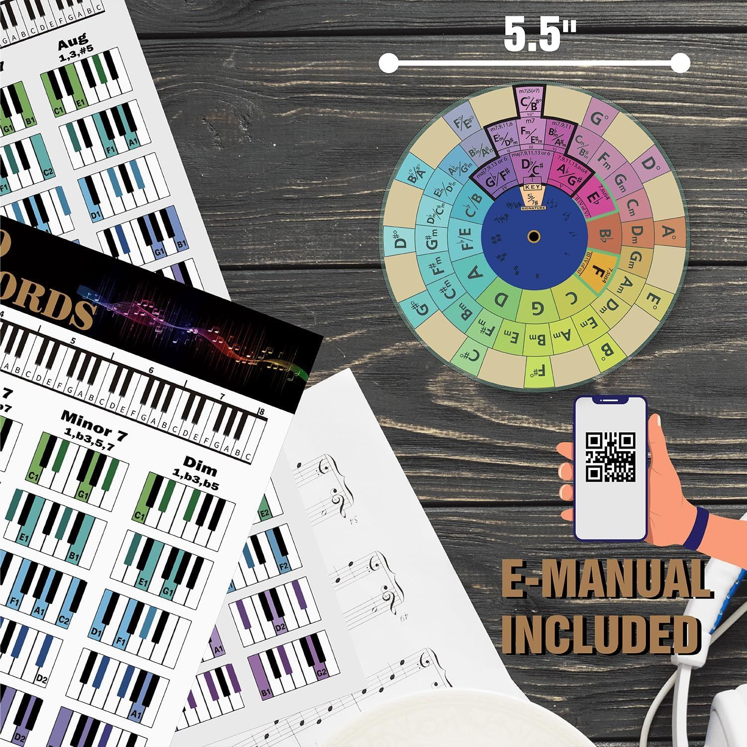 Shows everything included in the purchase: the circle of fifths wheel, chord charts, sheet music, and access to an e-manual via QR code, helping shoppers understand the full value of the bundle.
