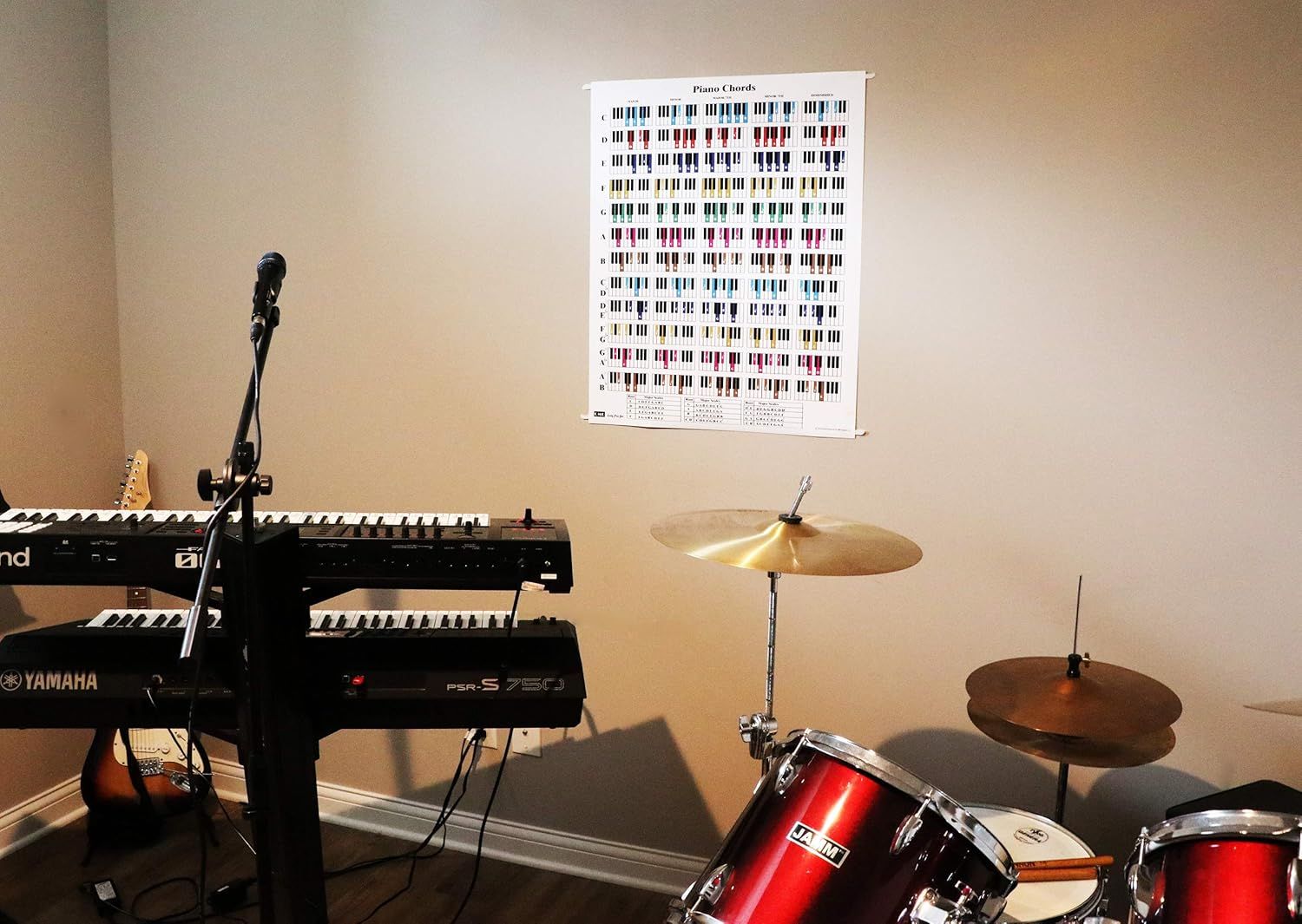 Demonstrates the poster displayed in a real music practice space to help shoppers envision it in their own studio or practice area.
