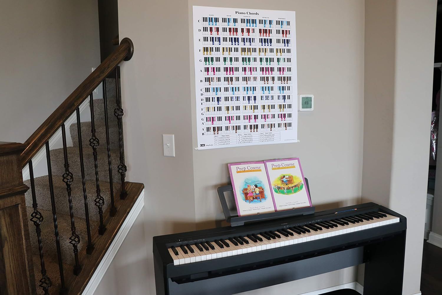 Displays the poster in a home piano learning environment to help shoppers visualize how it integrates into their practice space.