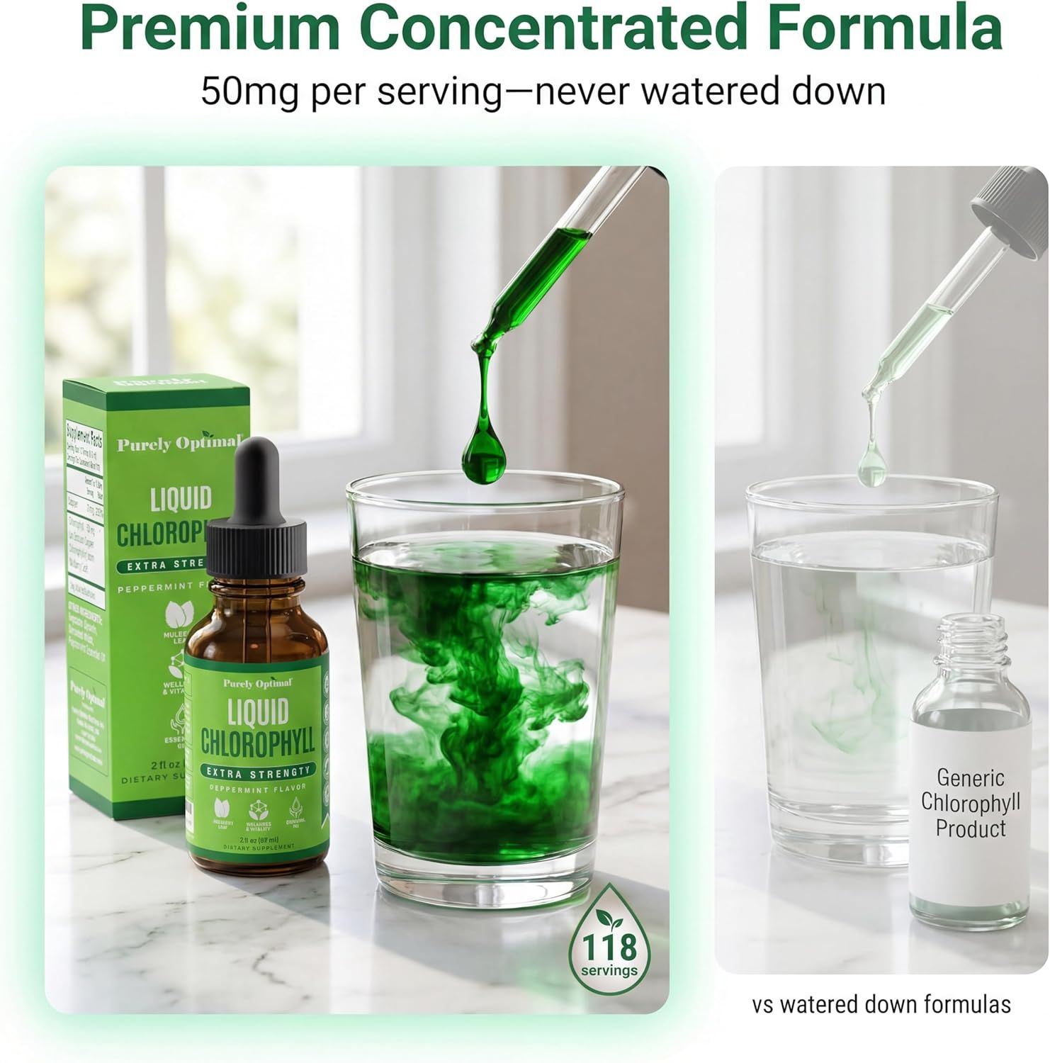 Demonstrates the product's superior concentration and potency compared to generic watered-down competitors, showing vibrant color dispersion versus diluted formula.