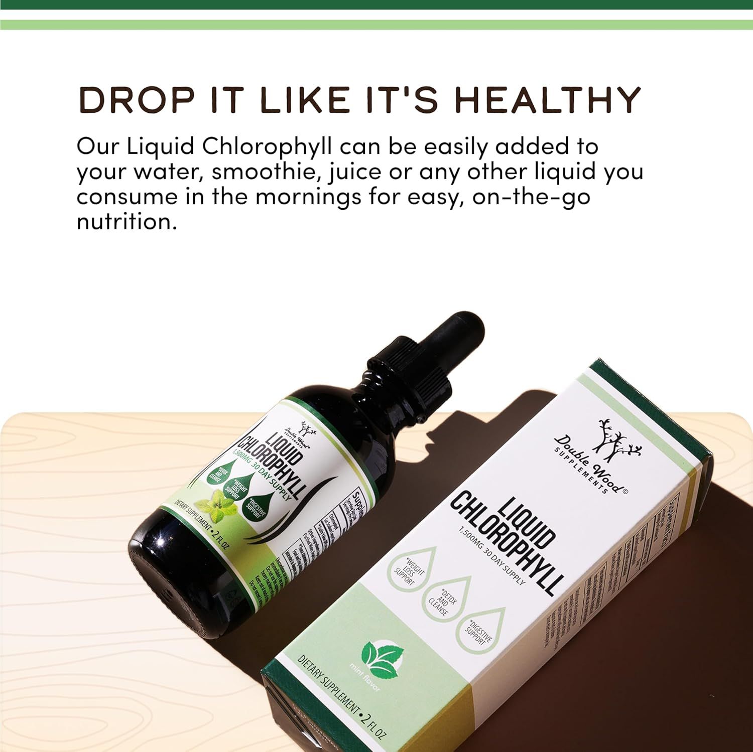 Highlights the convenience and ease of adding the liquid chlorophyll to any beverage for on-the-go nutrition.