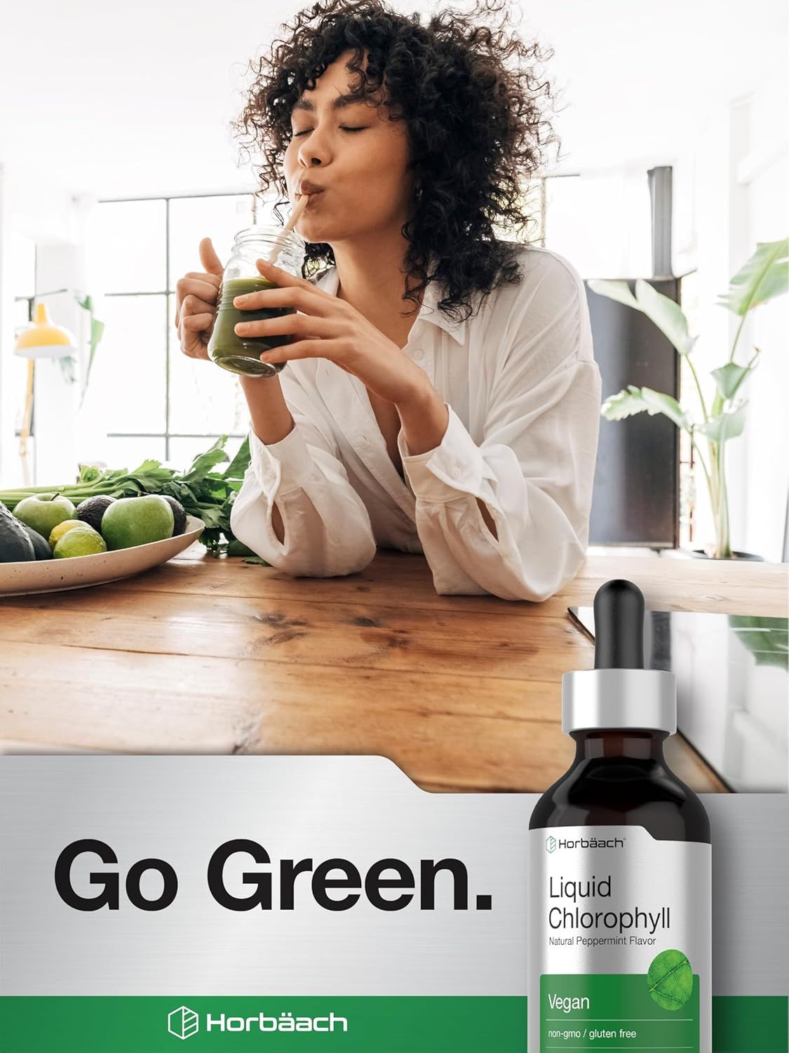Shows the product in a real-world wellness context to help shoppers visualize incorporating chlorophyll into their healthy lifestyle.