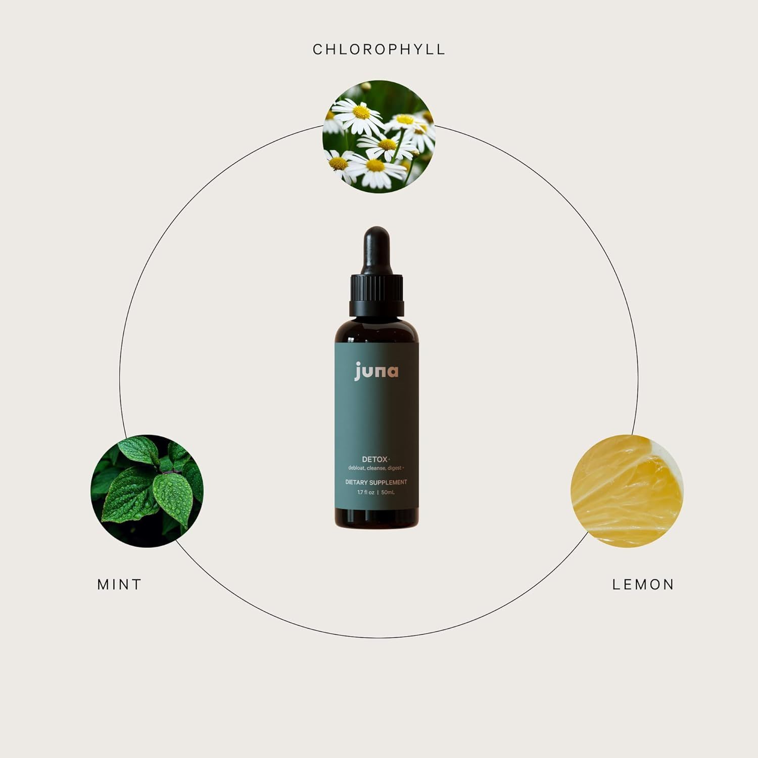 Breaks down the product's key natural ingredients using a circular diagram with visual callouts, helping shoppers understand what the product contains.