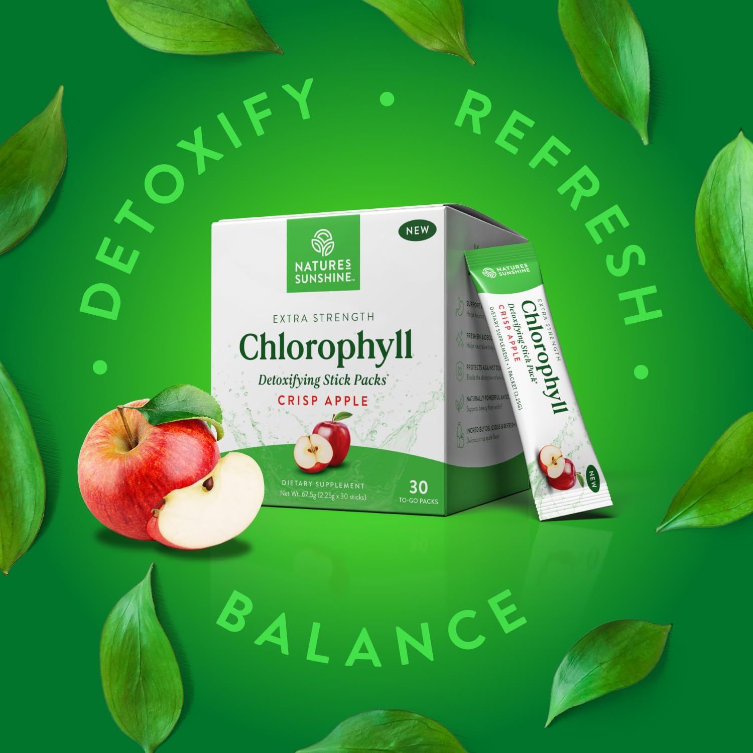 Communicates the core wellness benefits of the product using simple text overlays and natural imagery to reinforce the detoxifying and balancing properties of chlorophyll.
