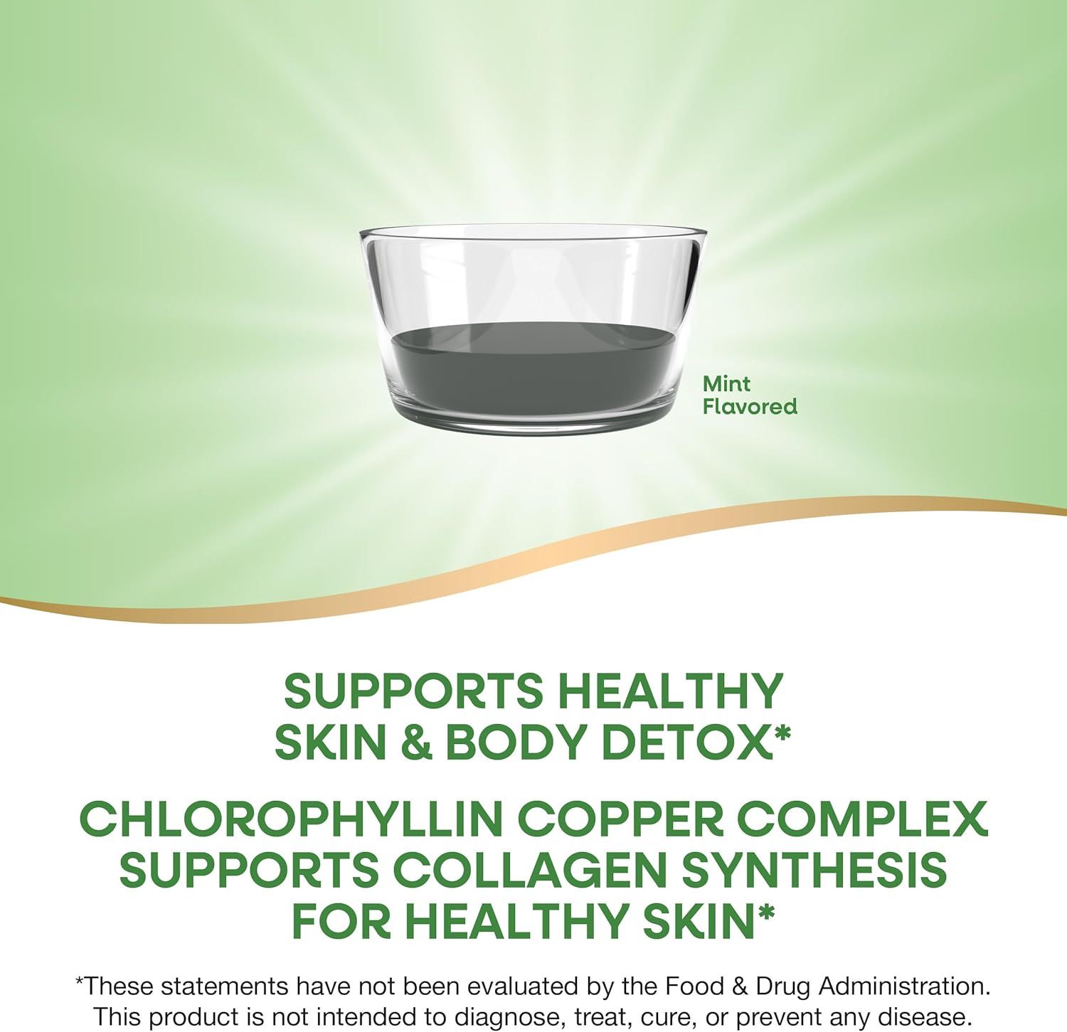 Communicates the product's primary health benefits for skin and body detox, emphasizing the chlorophyllin copper complex ingredient that supports collagen synthesis for healthy skin.