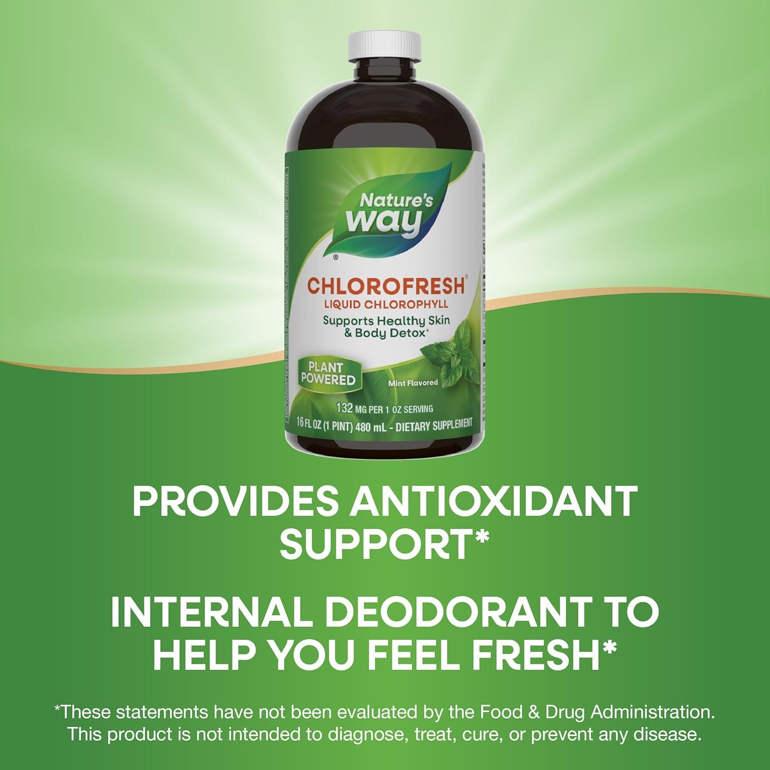 Highlights two distinct benefits of the product: providing antioxidant support and functioning as an internal deodorant to help users feel fresh.