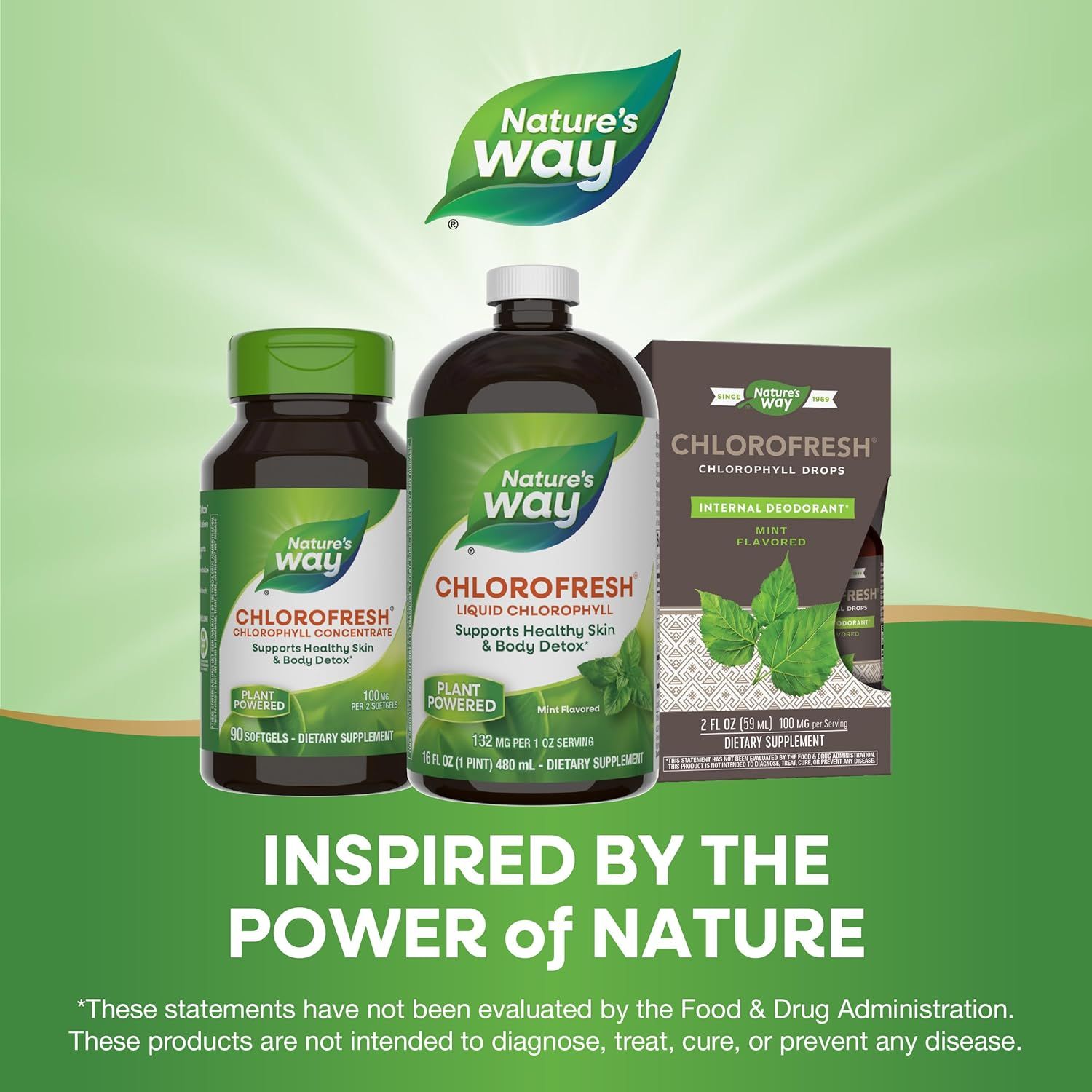 Showcases the Nature's Way brand product lineup and reinforces the brand's natural, plant-powered philosophy with the tagline Inspired by the Power of Nature.