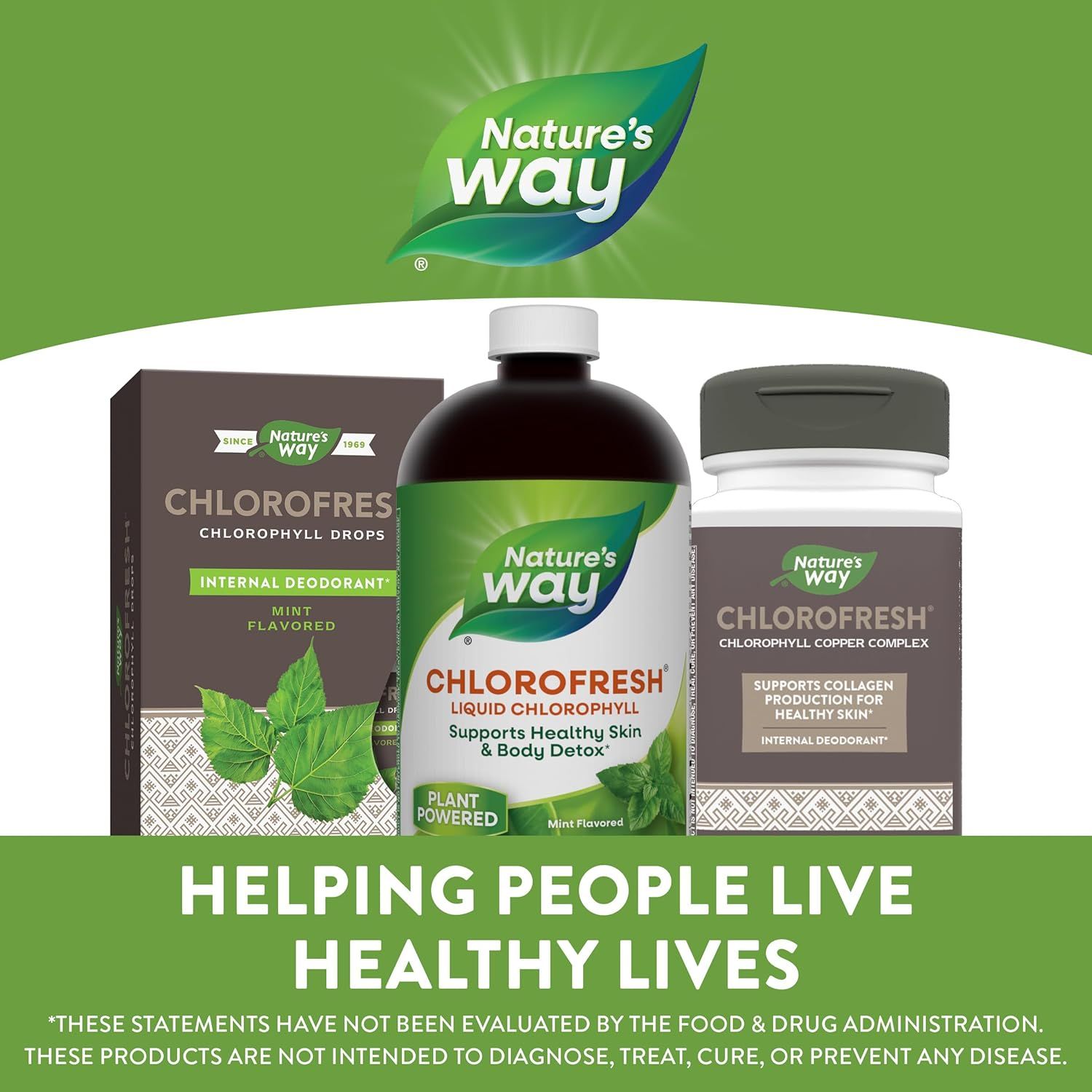 Communicates the brand's overarching mission of helping people live healthy lives while displaying the product lineup available under the Nature's Way brand.