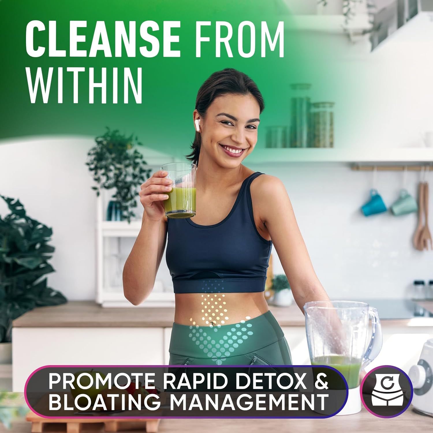 Communicates that the product promotes rapid detoxification and helps manage bloating, appealing to shoppers seeking digestive wellness and internal cleansing benefits.