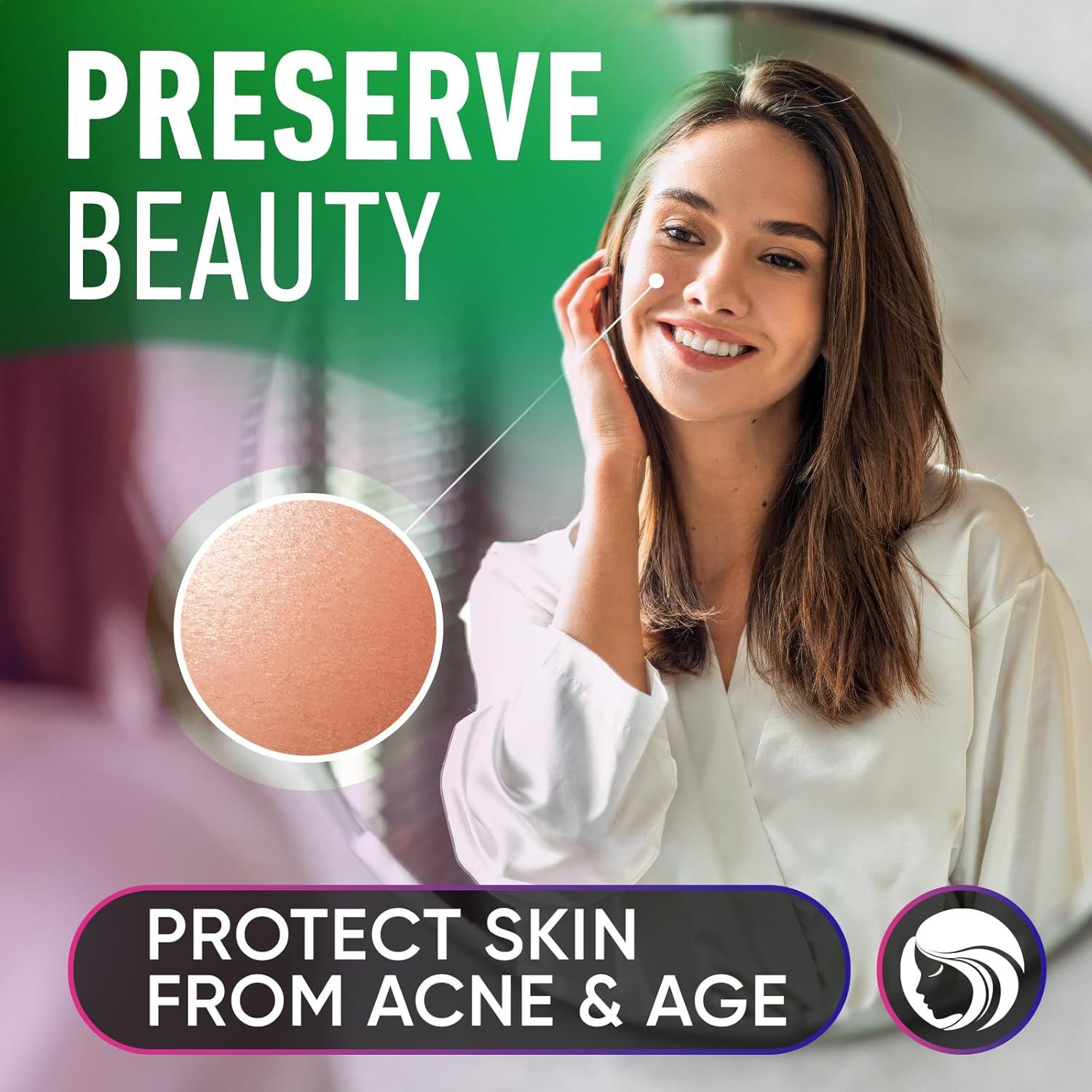 Communicates that the product helps preserve beauty by protecting skin from acne and aging, appealing to shoppers seeking skincare benefits.