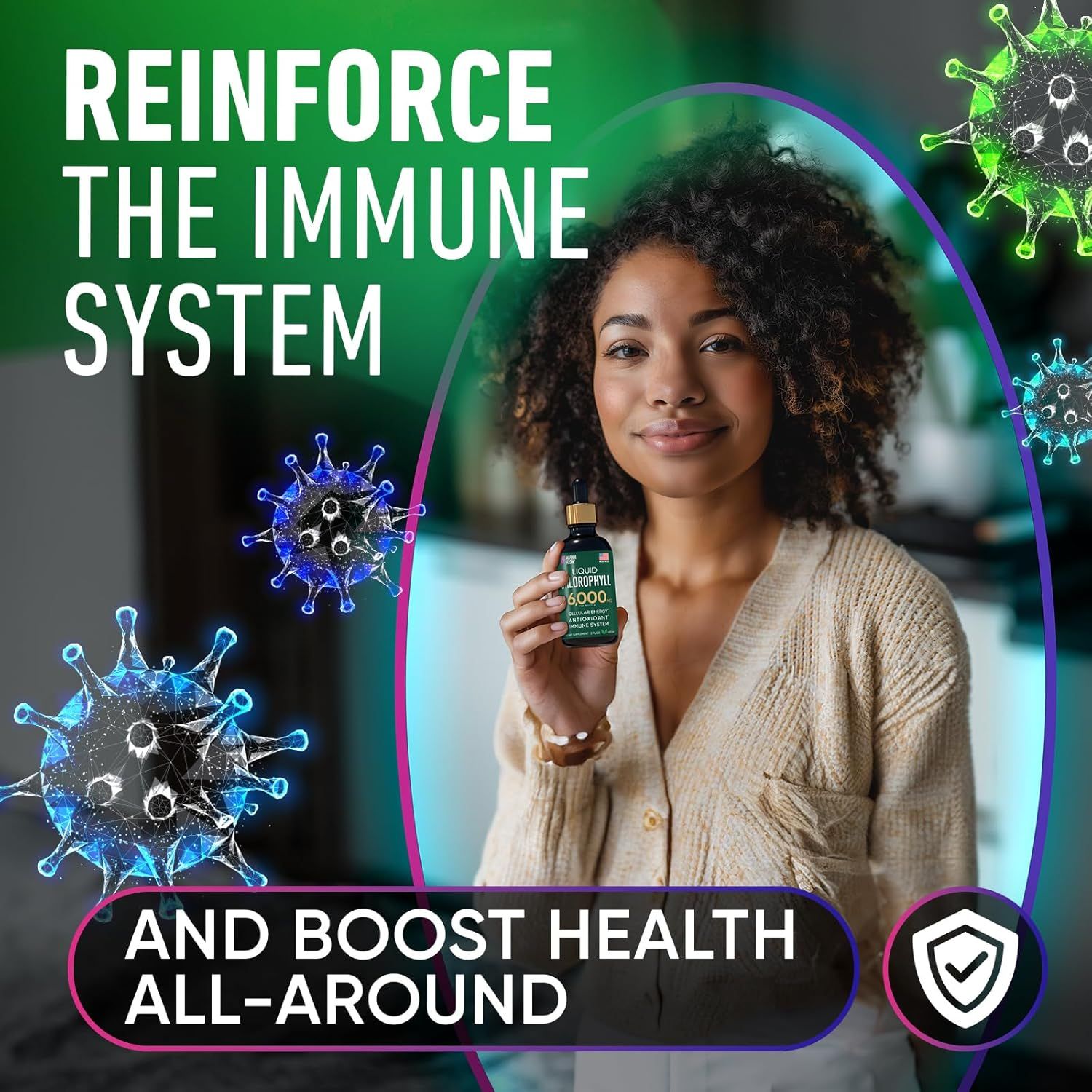 Highlights the product's ability to reinforce the immune system and boost all-around health, reassuring shoppers seeking wellness and immunity benefits.