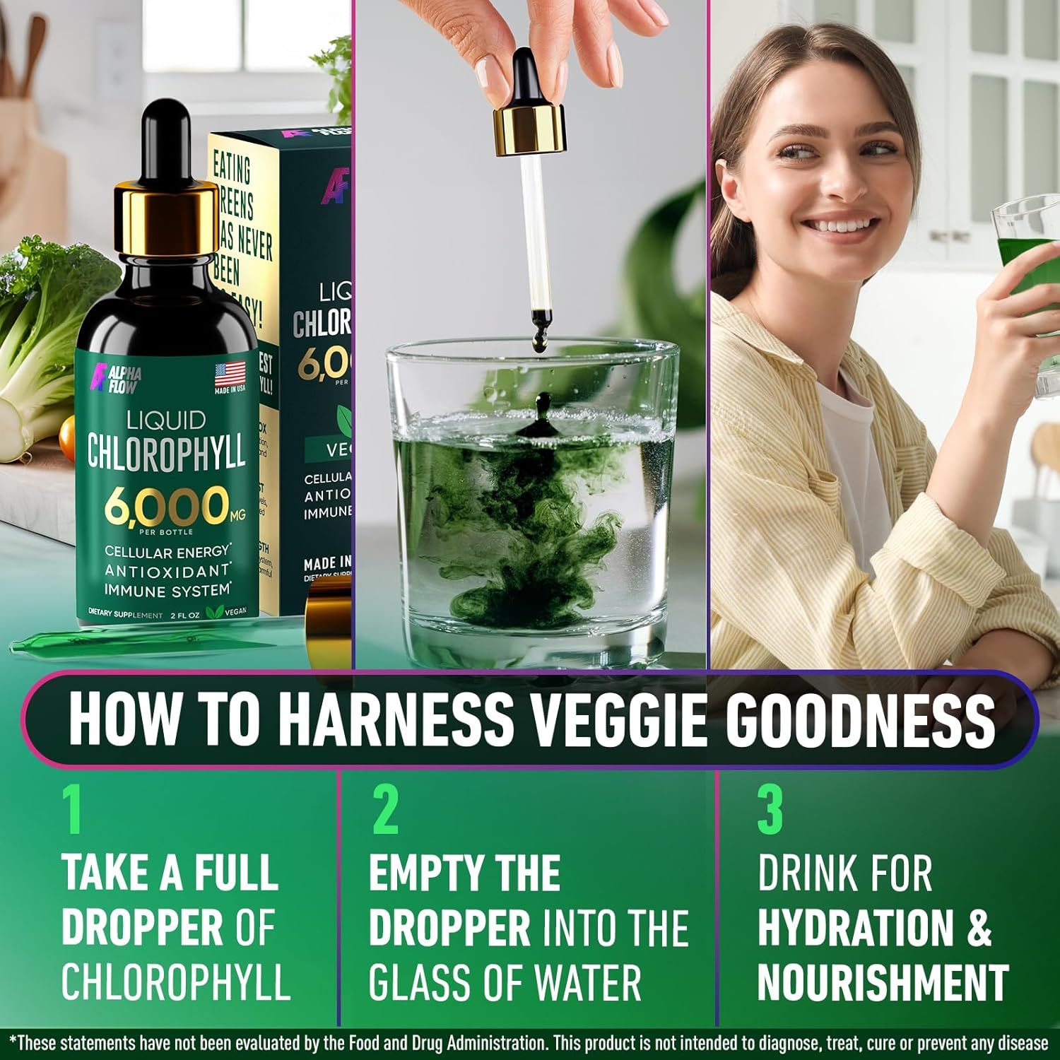 Provides clear step-by-step instructions on how to use the liquid chlorophyll product for hydration and nourishment.
